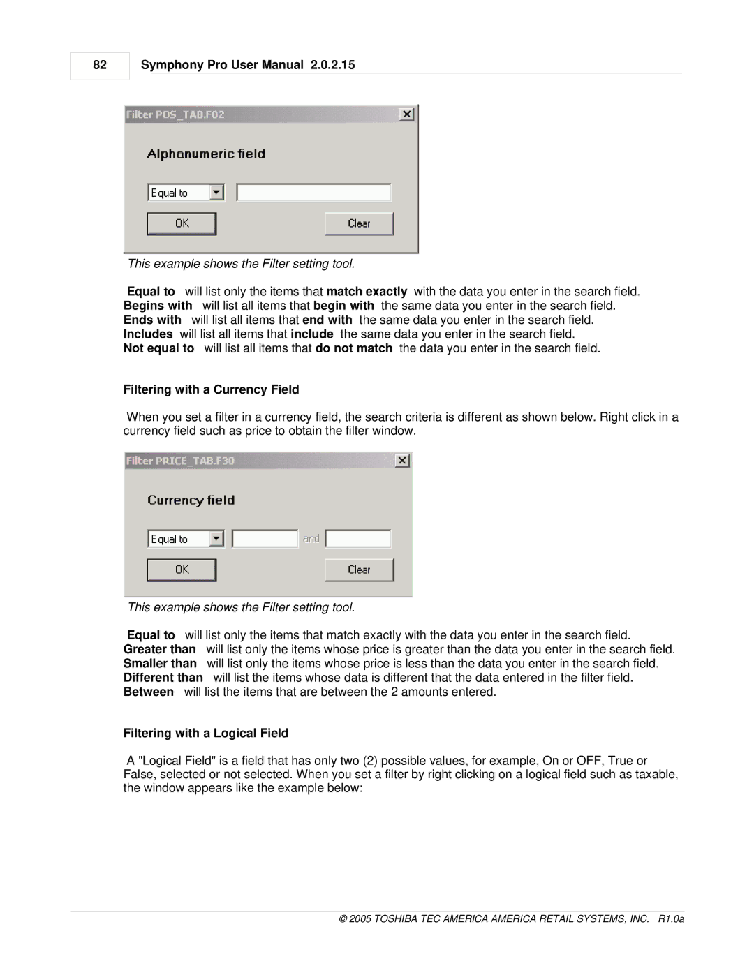 Toshiba Electric Keyboard owner manual This example shows the Filter setting tool, Filtering with a Currency Field 