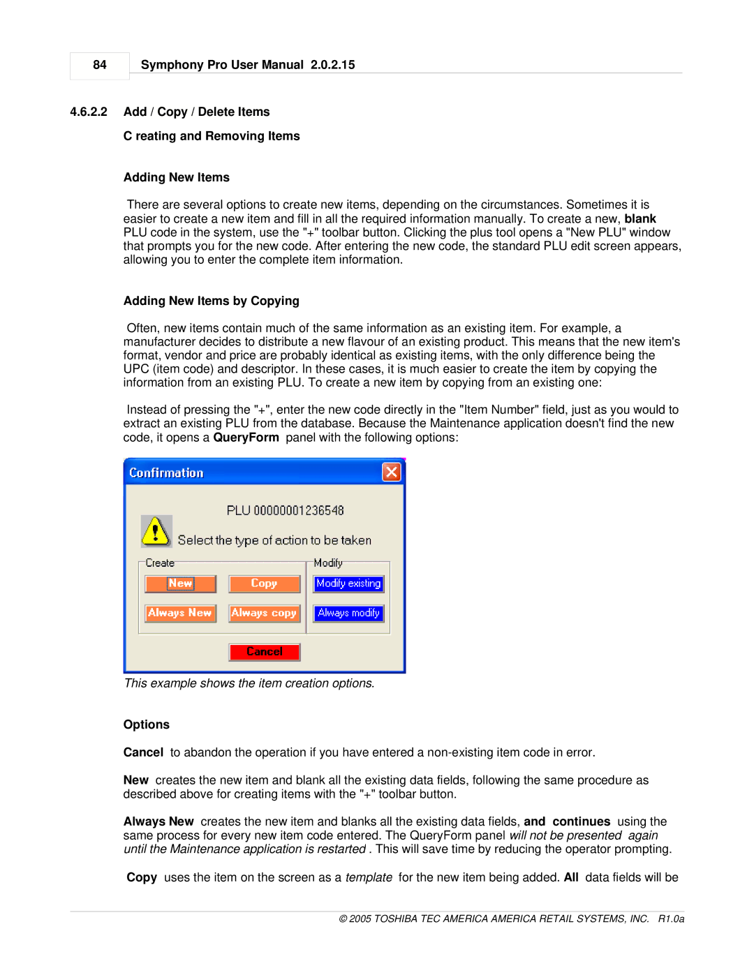 Toshiba Electric Keyboard owner manual Adding New Items by Copying, This example shows the item creation options, Options 