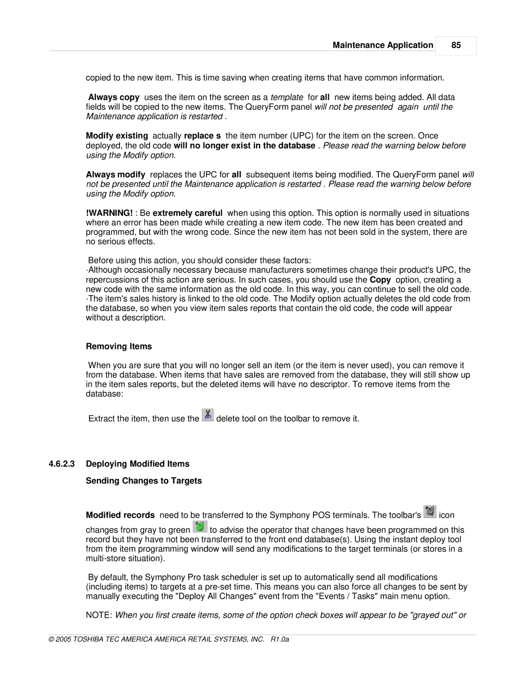 Toshiba Electric Keyboard owner manual Removing Items, Deploying Modified Items Sending Changes to Targets 