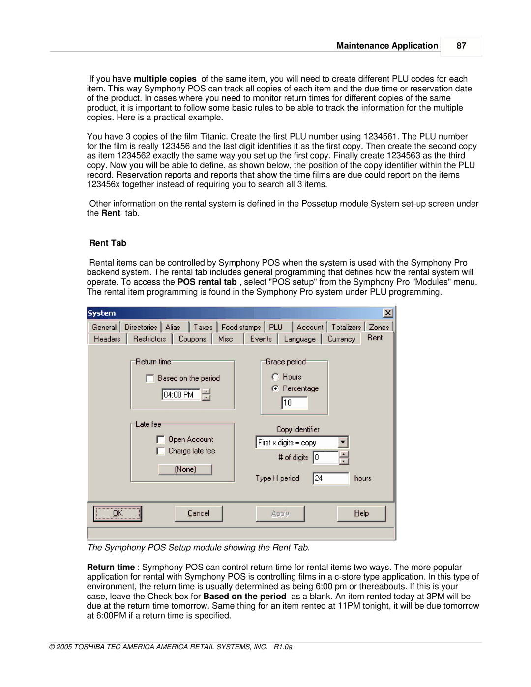 Toshiba Electric Keyboard owner manual Symphony POS Setup module showing the Rent Tab 