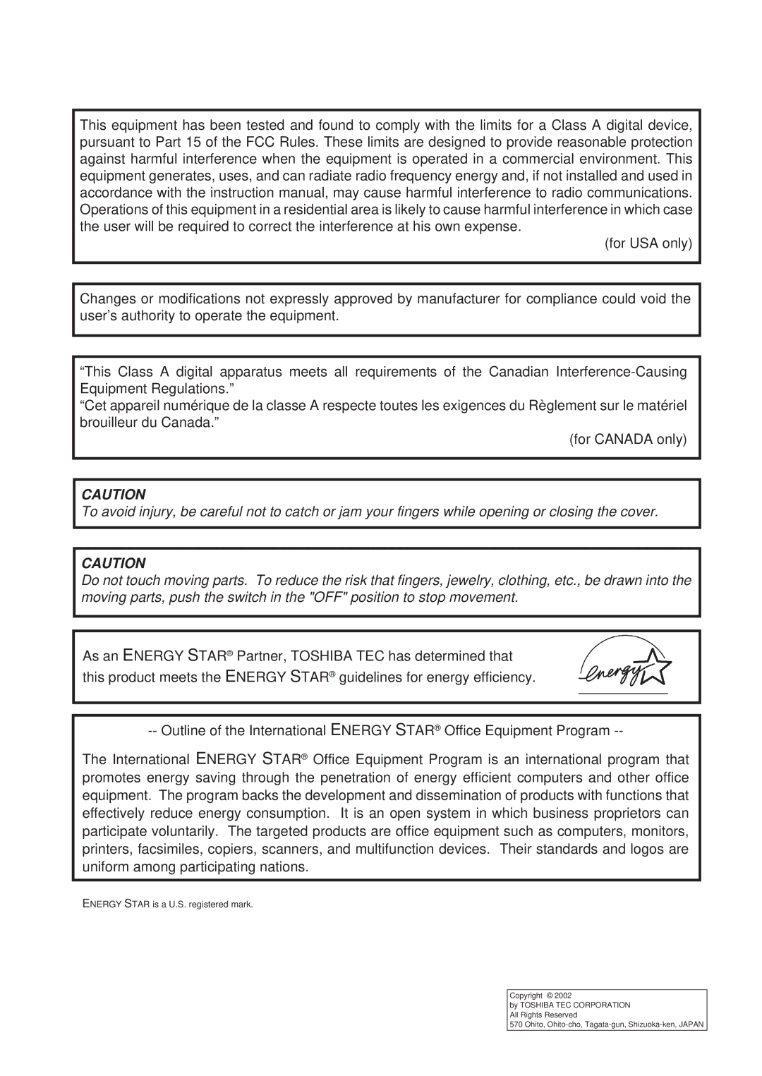 Toshiba EM1-33033E owner manual Energy Star is a U.S. registered mark 