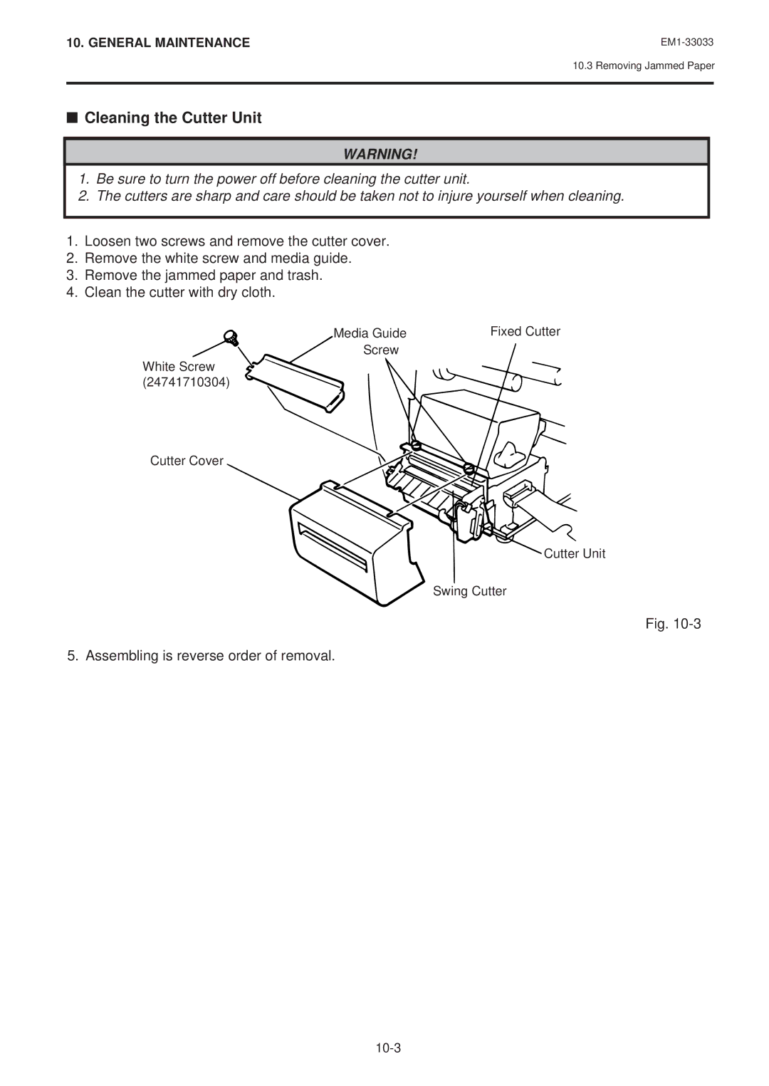 Toshiba EM1-33033E owner manual Cleaning the Cutter Unit 