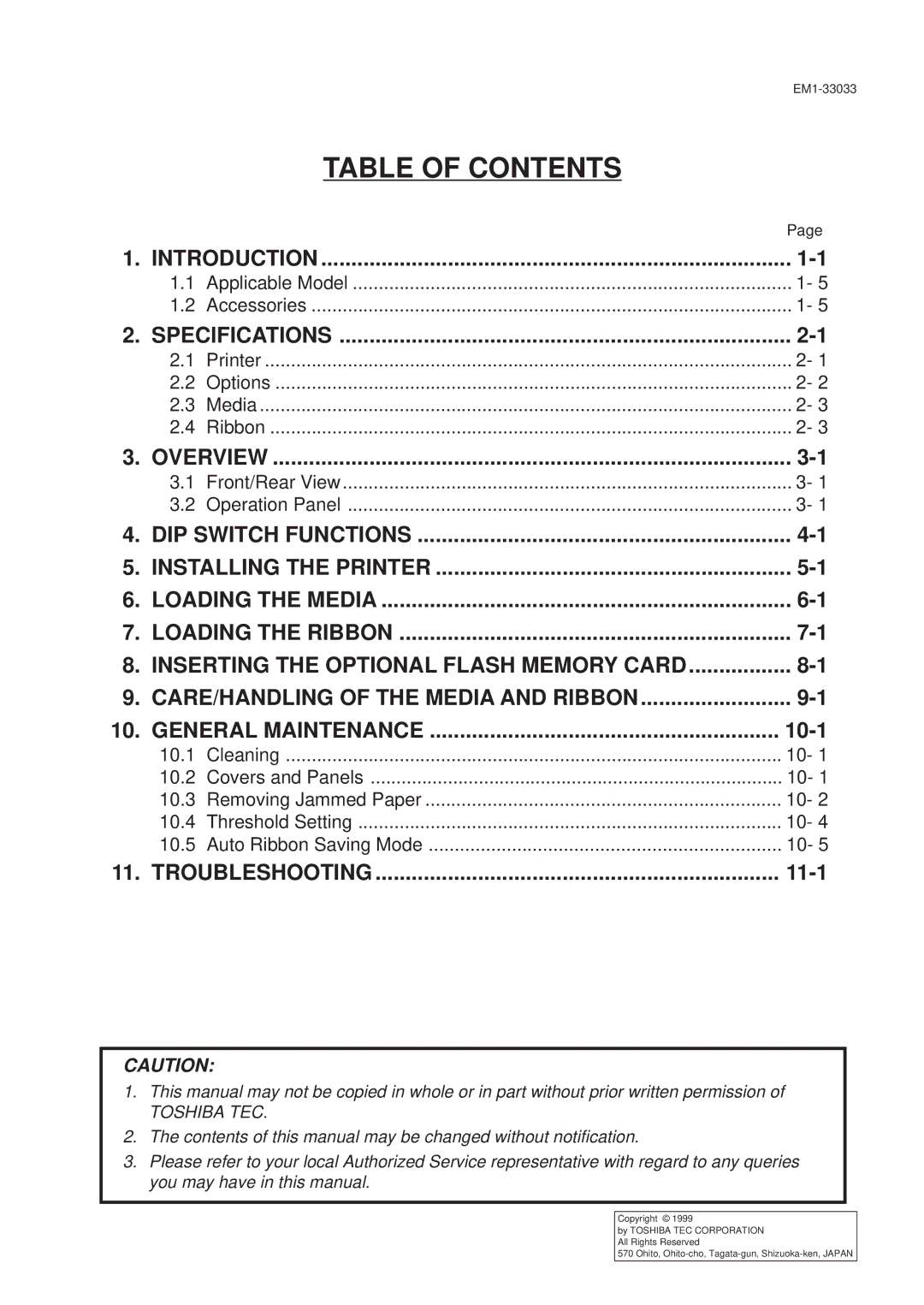 Toshiba EM1-33033E owner manual Table of Contents 