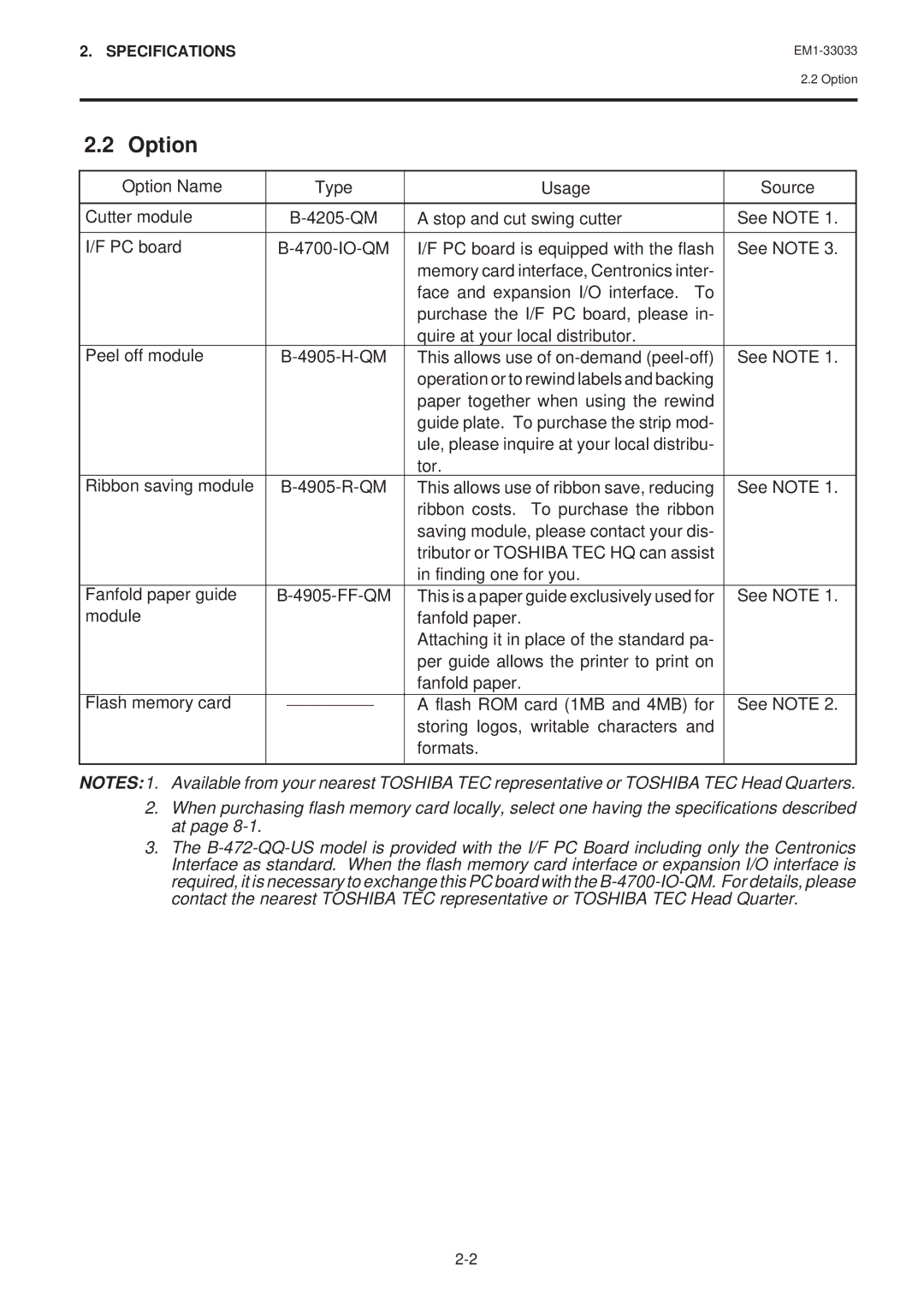 Toshiba EM1-33033E owner manual Option 