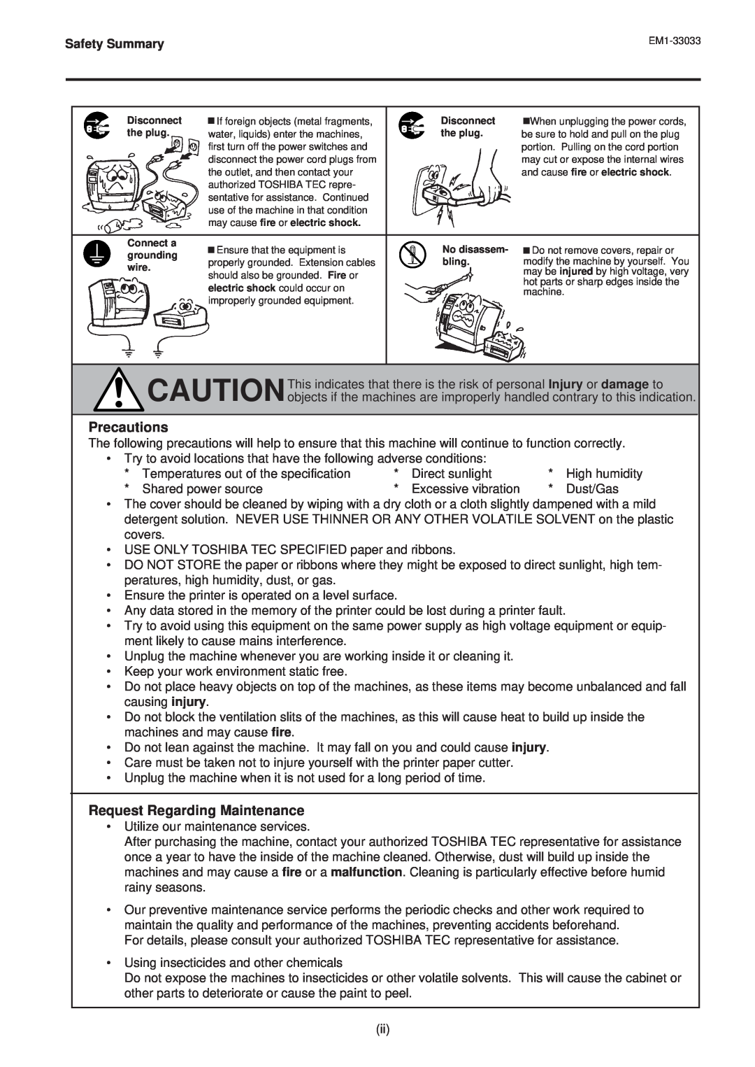 Toshiba EM1-33033E owner manual Precautions, Request Regarding Maintenance, Safety Summary 