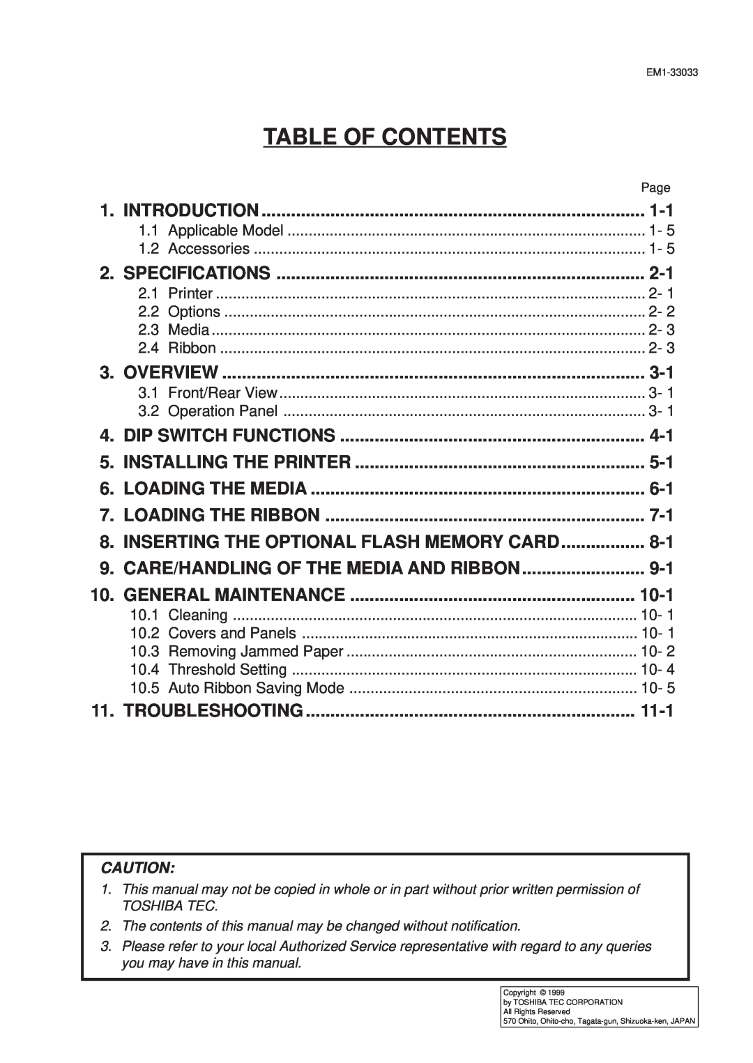 Toshiba EM1-33033E owner manual Table Of Contents 