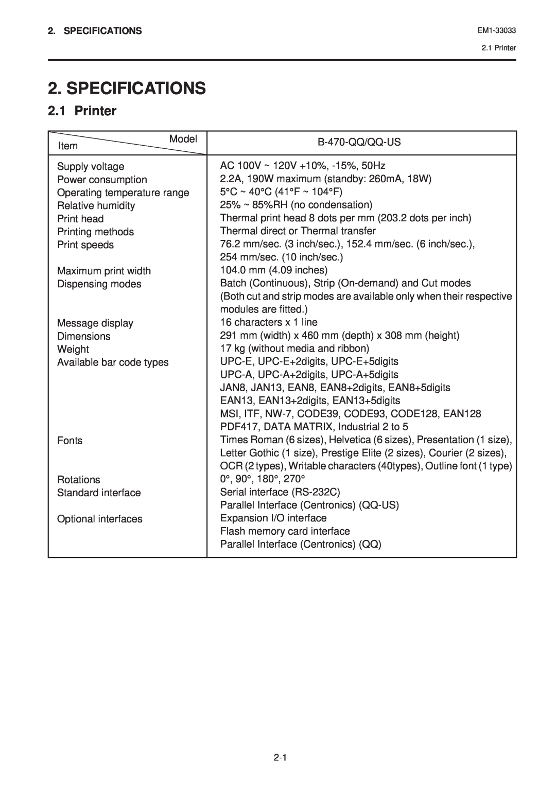Toshiba EM1-33033E owner manual Specifications, Printer 