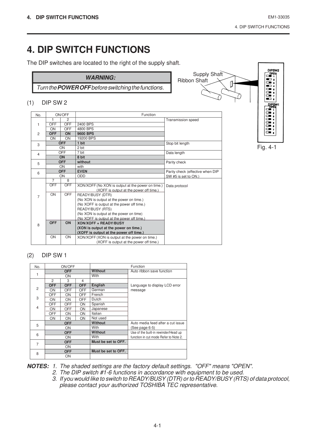 Toshiba EM1-33035E, B-570-QQ SERIES owner manual DIP Switch Functions, Turn the Power OFF before switching the functions 