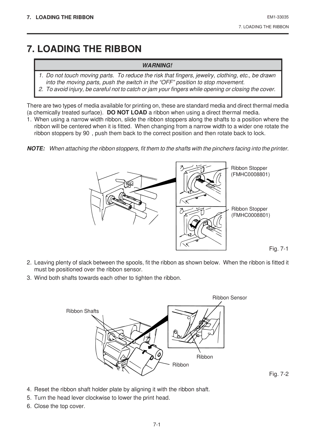 Toshiba EM1-33035E, B-570-QQ SERIES owner manual Loading the Ribbon 