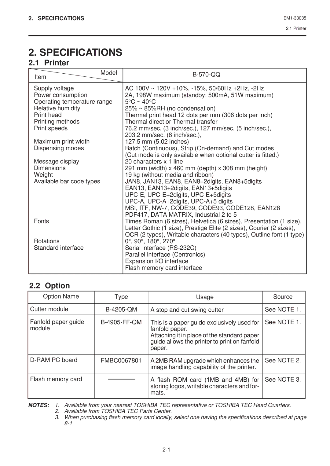 Toshiba EM1-33035E, B-570-QQ SERIES owner manual Specifications, Printer, Option 