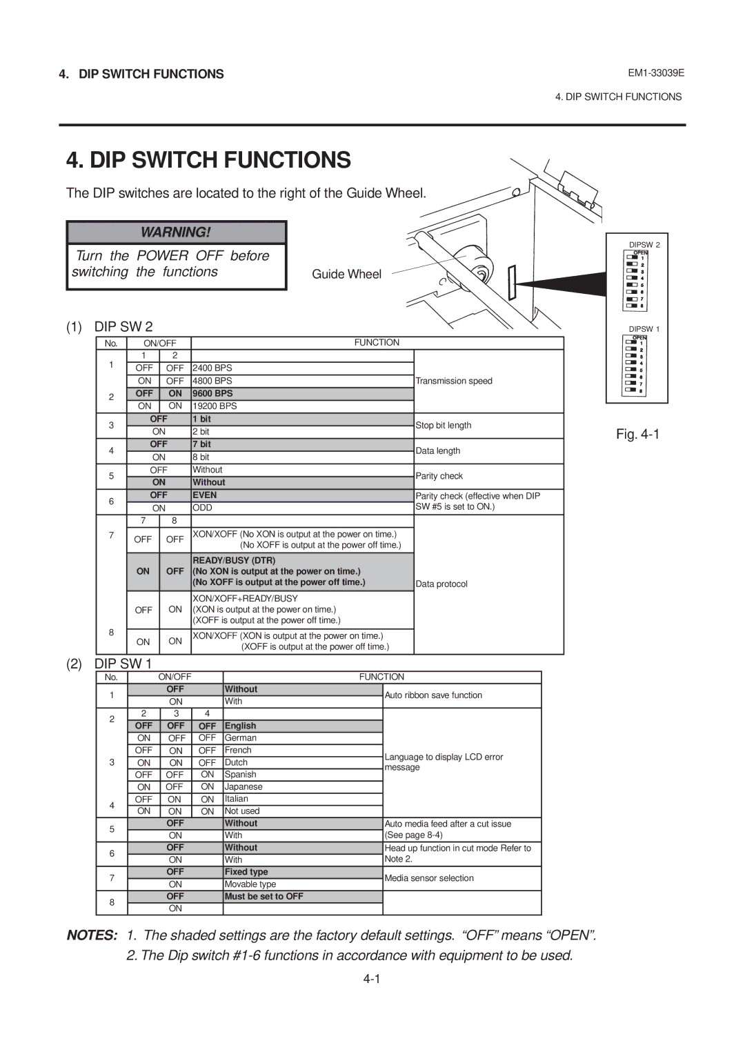 Toshiba B-870 SERIES, EM1-33039EE owner manual DIP Switch Functions, Turn the Power OFF before Switching Functions 