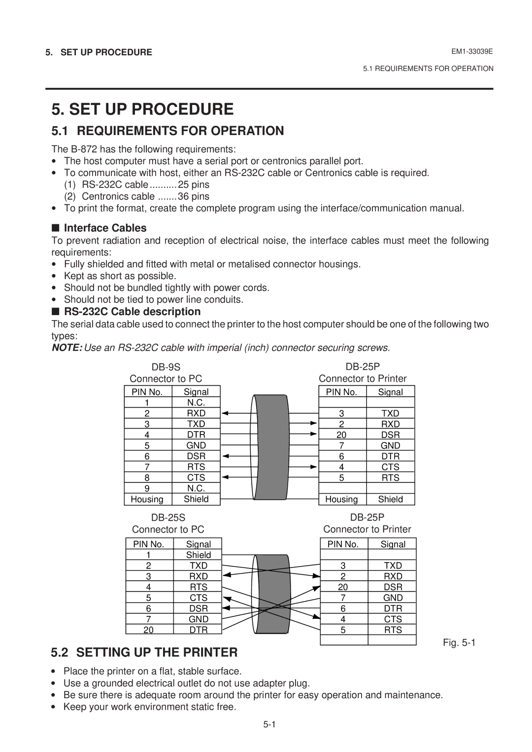 Toshiba EM1-33039EE, B-870 SERIES SET UP Procedure, Requirements for Operation, Setting UP the Printer, Interface Cables 