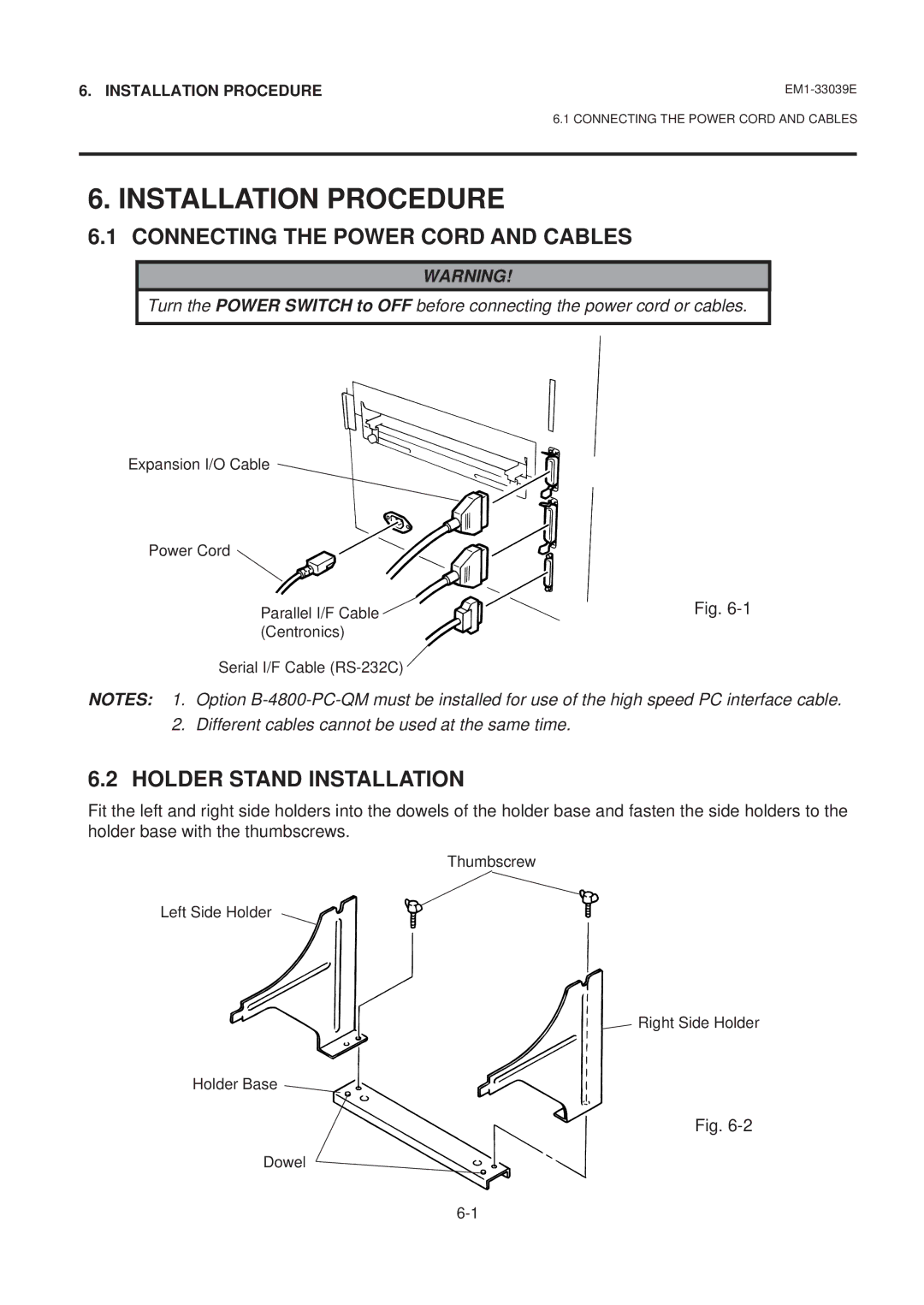 Toshiba EM1-33039EE owner manual Installation Procedure, Connecting the Power Cord and Cables, Holder Stand Installation 