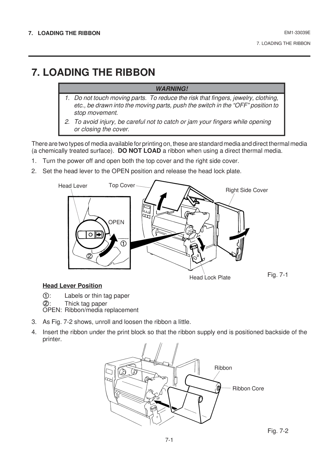 Toshiba B-870 SERIES, EM1-33039EE owner manual Loading the Ribbon, Head Lever Position 