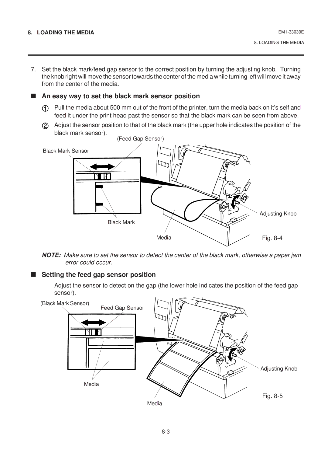 Toshiba EM1-33039EE, B-870 SERIES An easy way to set the black mark sensor position, Setting the feed gap sensor position 