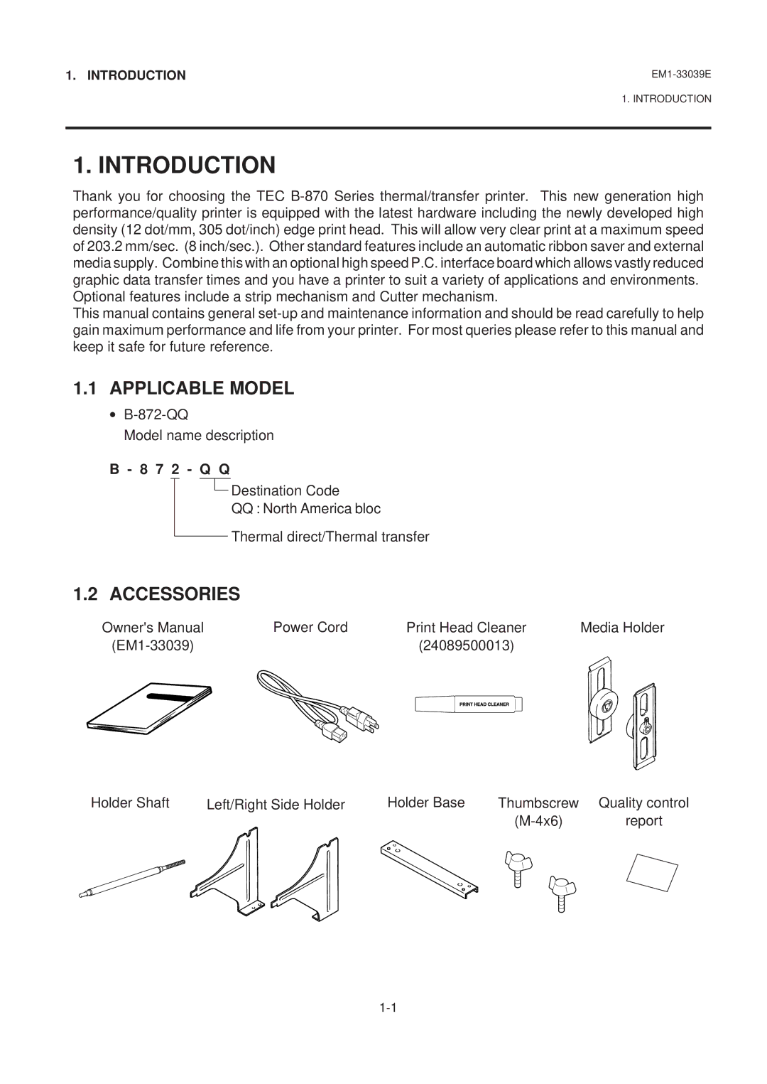 Toshiba EM1-33039EE, B-870 SERIES owner manual Introduction, Applicable Model, Accessories 