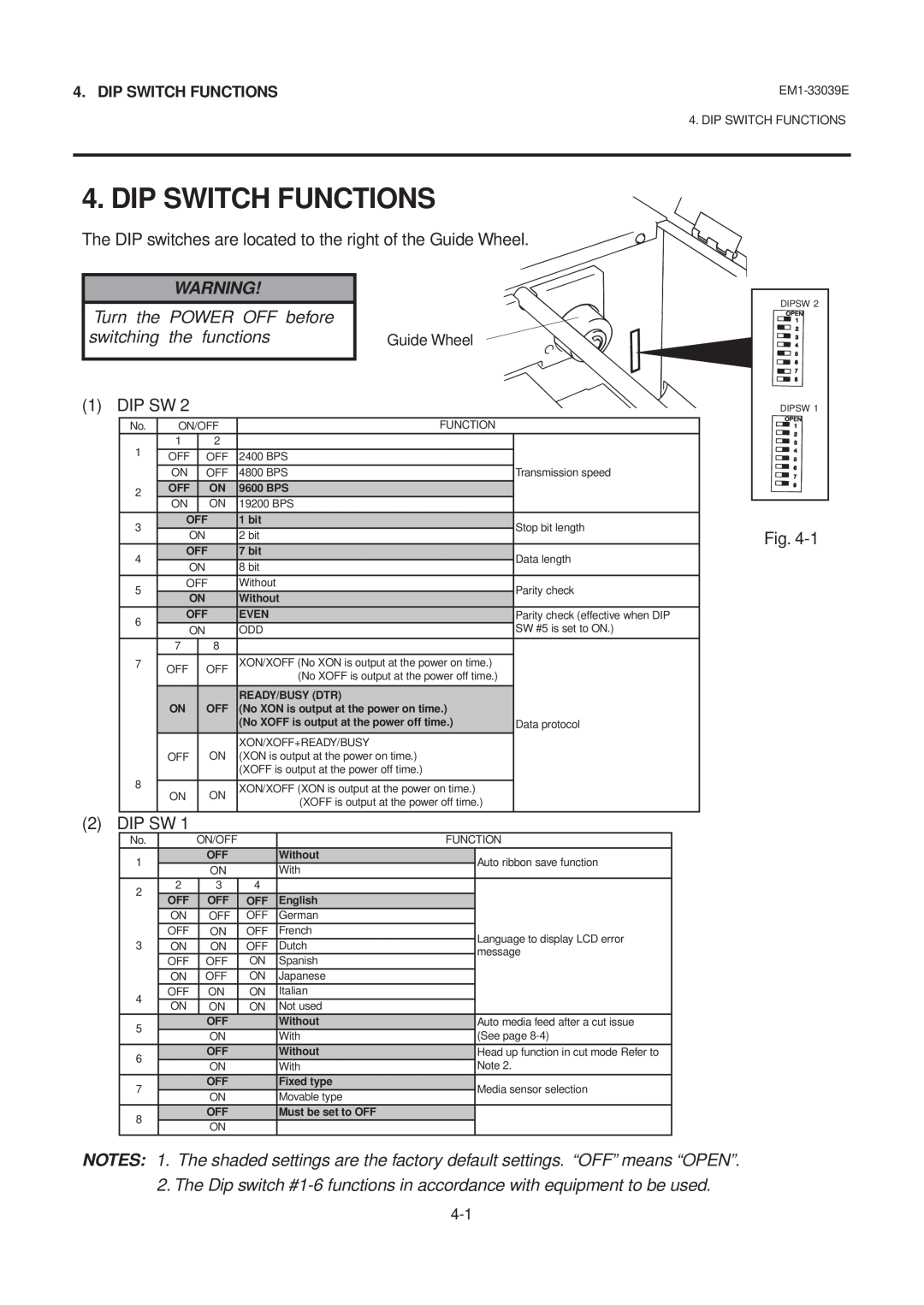 Toshiba B-870 SERIES, EM1-33039EE owner manual Dip Switch Functions, Turn the POWER OFF before, switching, functions 