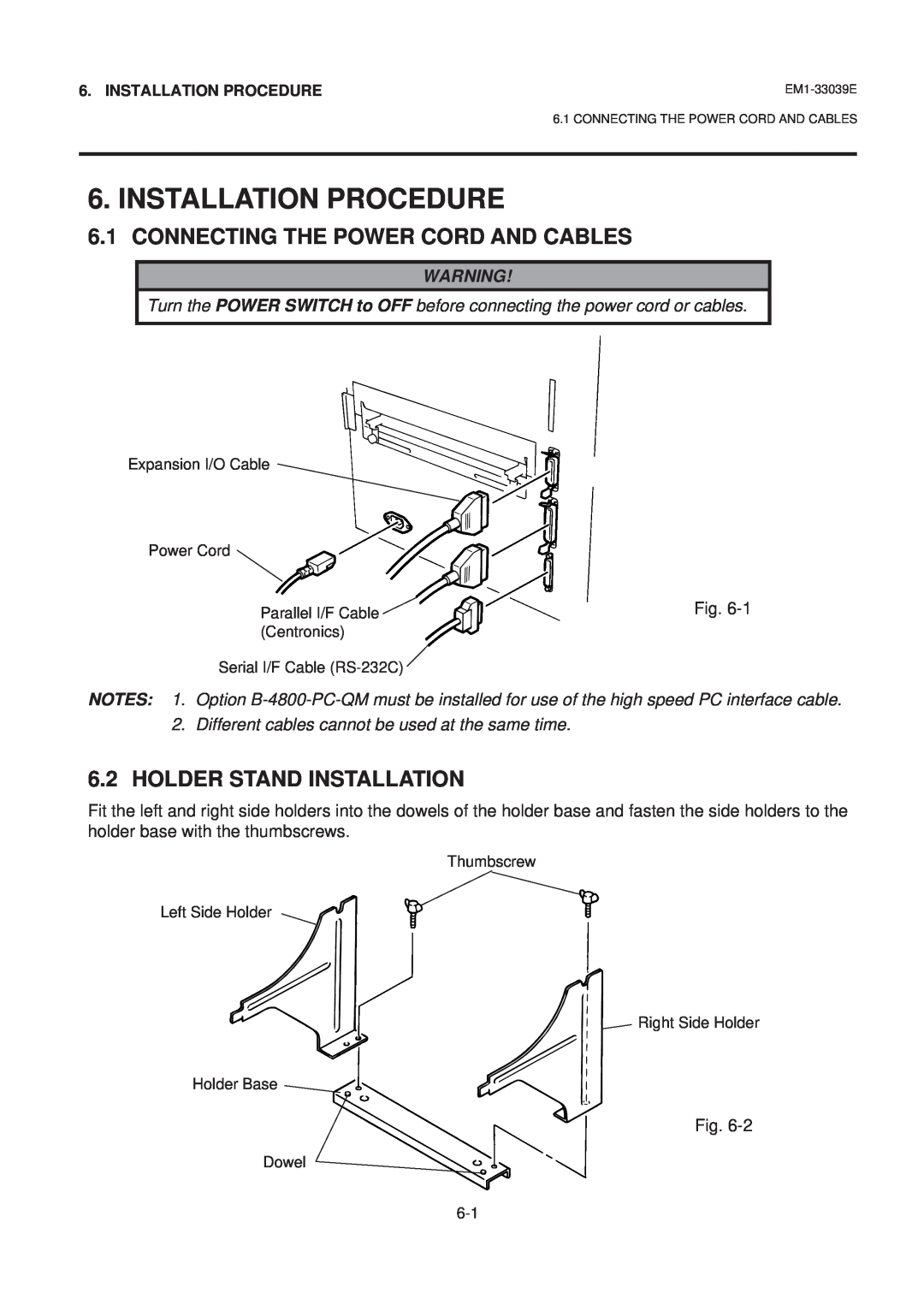 Toshiba EM1-33039EE owner manual Installation Procedure, Connecting The Power Cord And Cables, Holder Stand Installation 
