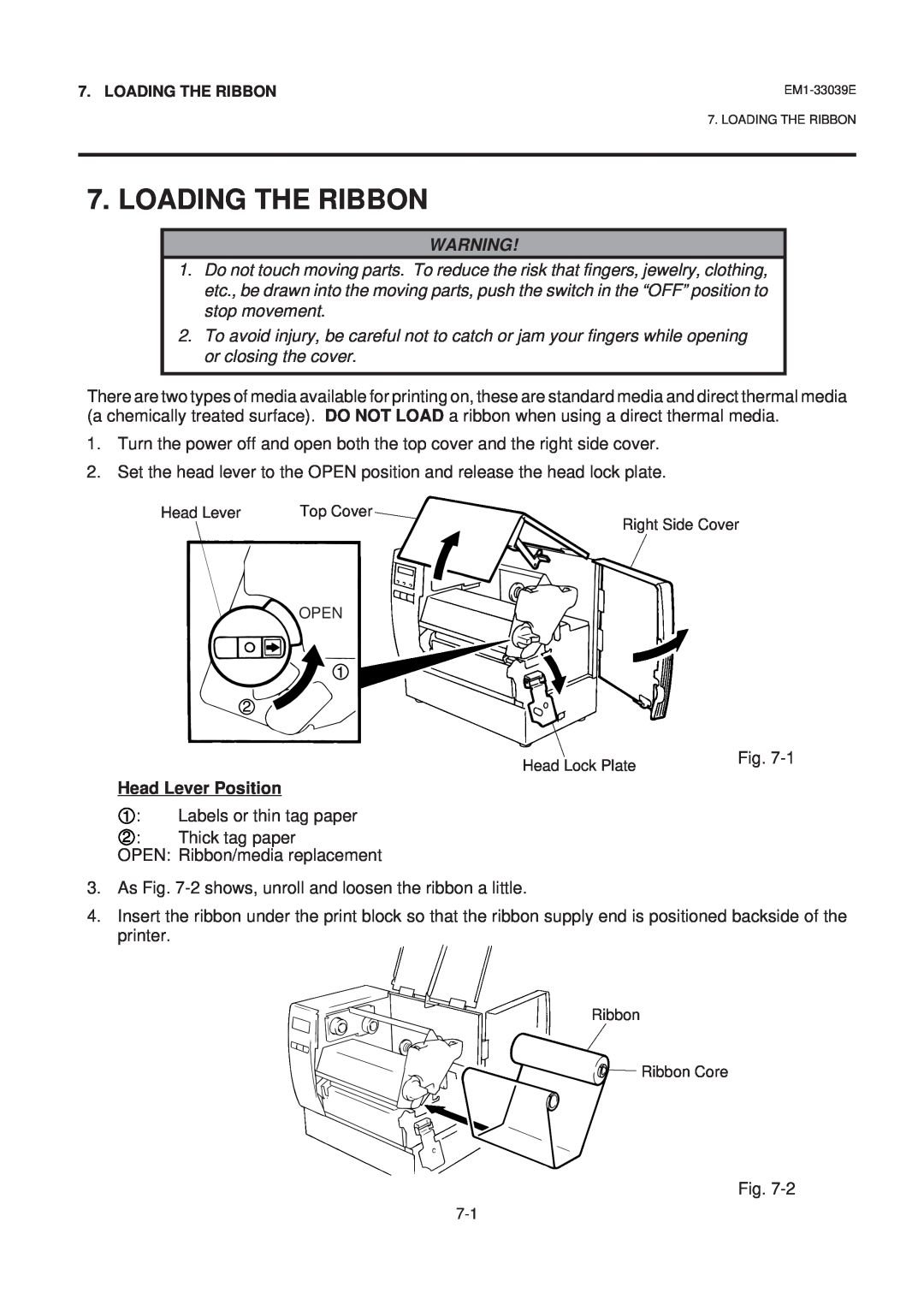 Toshiba B-870 SERIES, EM1-33039EE owner manual Loading The Ribbon, Head Lever Position 