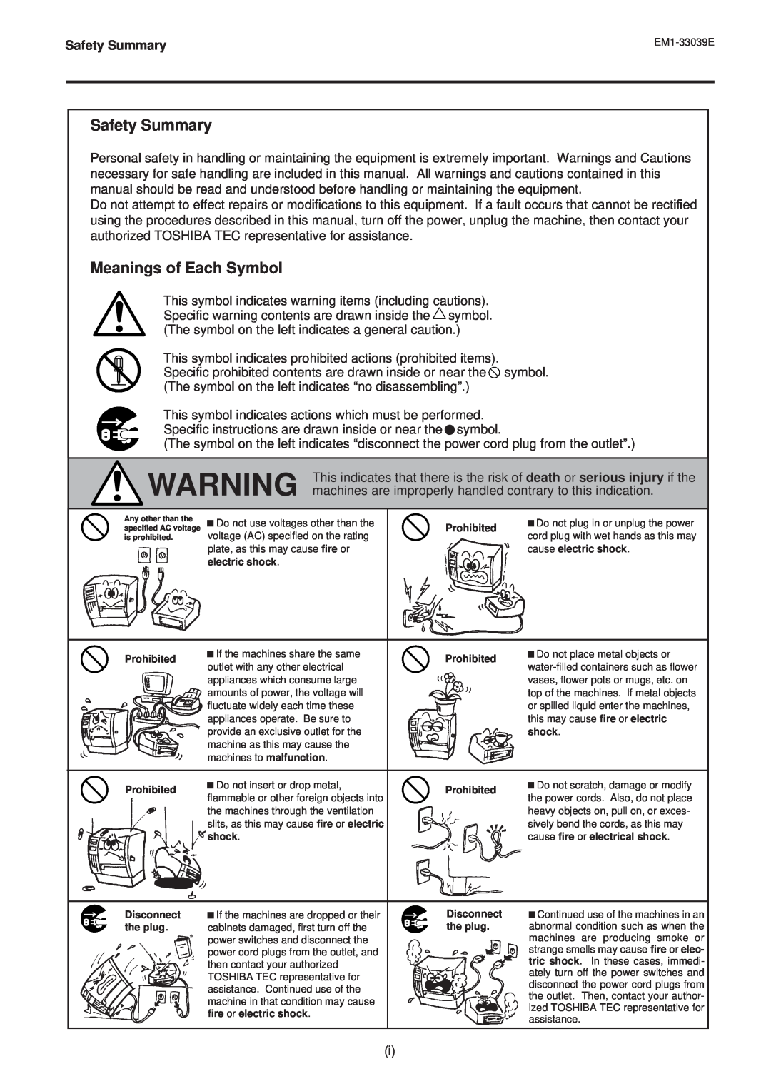 Toshiba EM1-33039EE, B-870 SERIES owner manual Safety Summary, Meanings of Each Symbol 