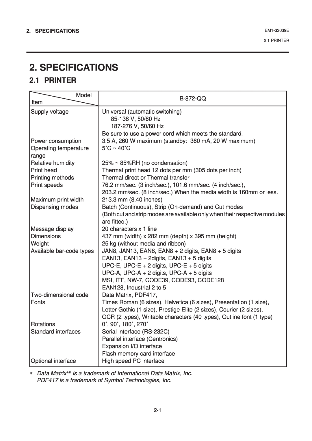 Toshiba EM1-33039EE, B-870 SERIES owner manual Specifications, Printer 