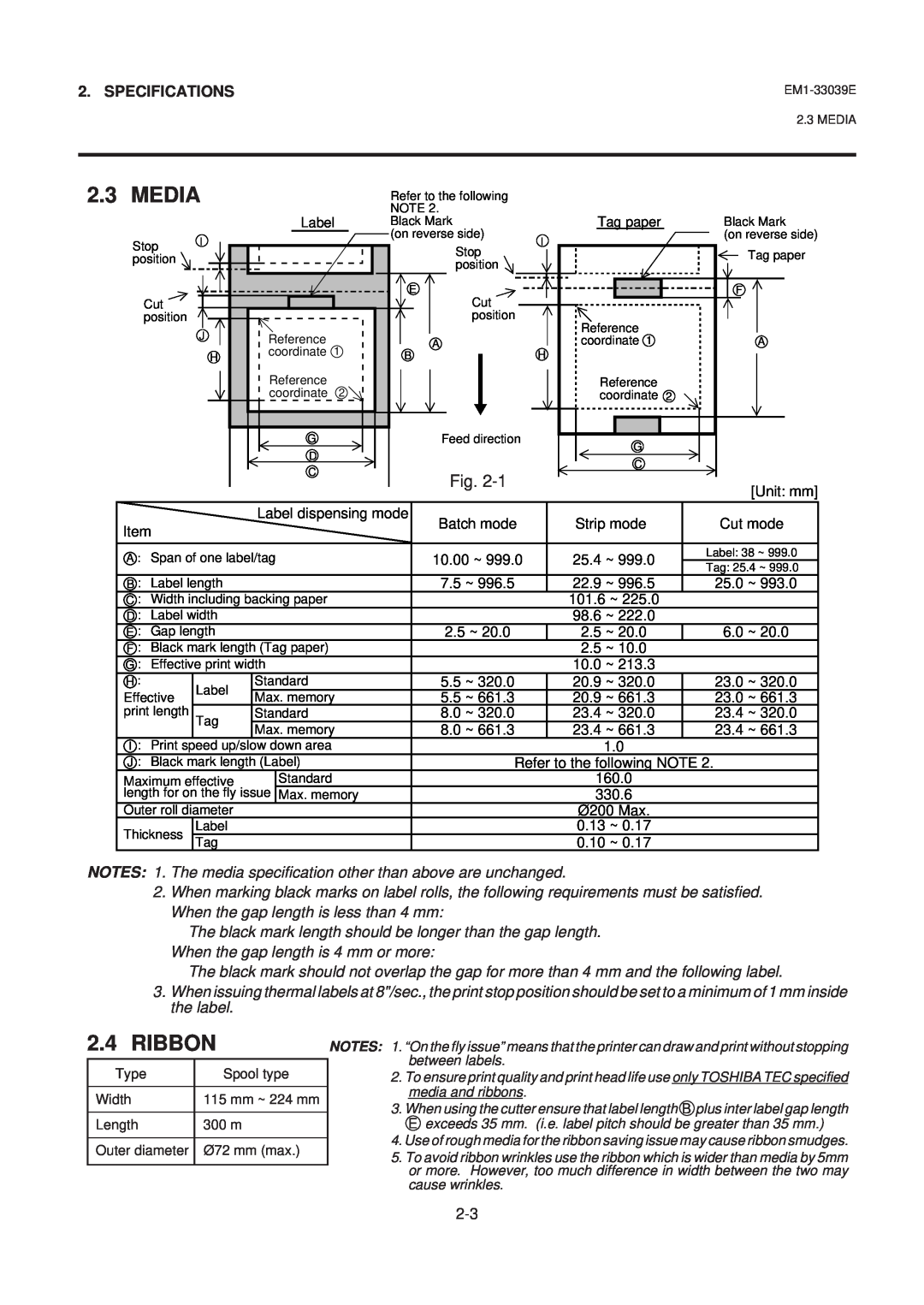 Toshiba EM1-33039EE, B-870 SERIES owner manual Media, Ribbon, Specifications 