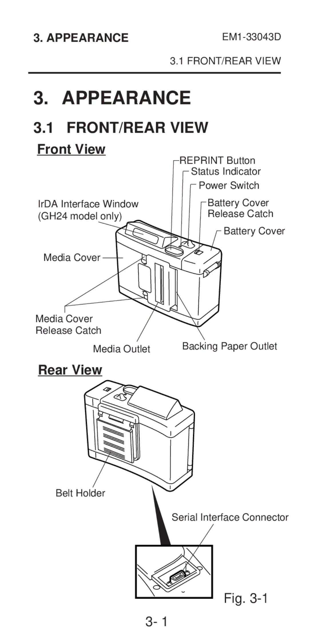 Toshiba EM1-33043D, EM1-33043A, B-210 SERIES owner manual Appearance, FRONT/REAR View, Front View, Rear View 