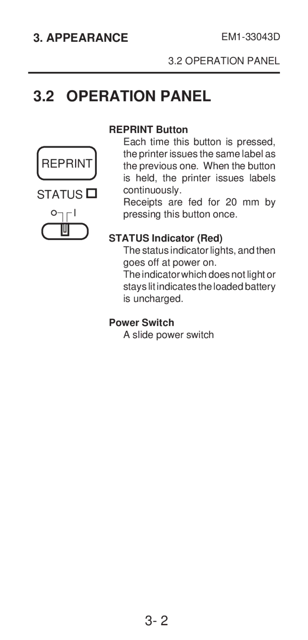 Toshiba EM1-33043A, EM1-33043D, B-210 SERIES owner manual Operation Panel, Reprint Status 