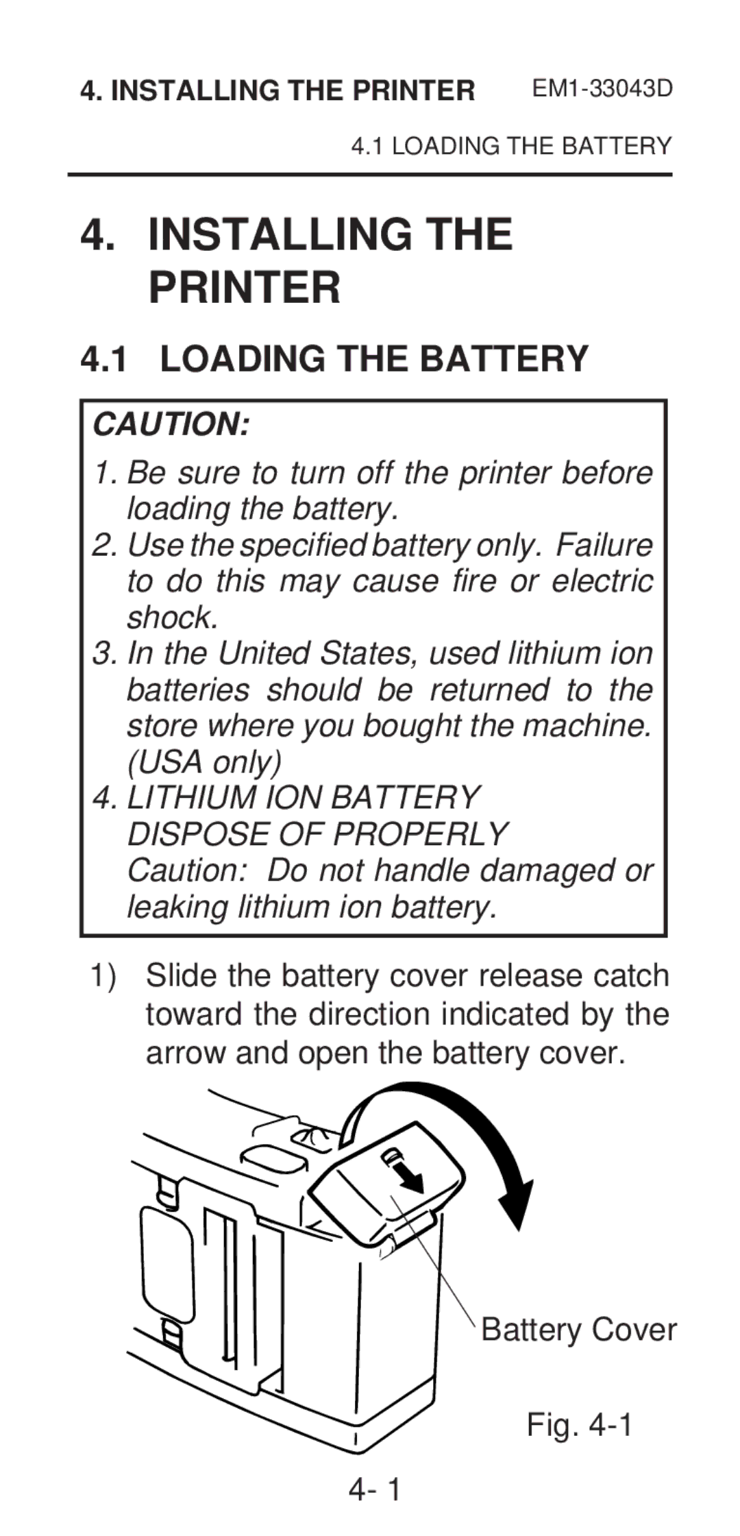 Toshiba B-210 SERIES, EM1-33043D, EM1-33043A owner manual Installing the Printer, Loading the Battery, Battery Cover 