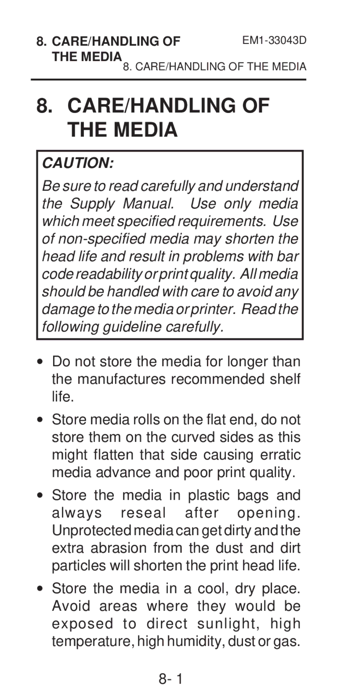 Toshiba EM1-33043D, EM1-33043A, B-210 SERIES owner manual CARE/HANDLING of the Media 