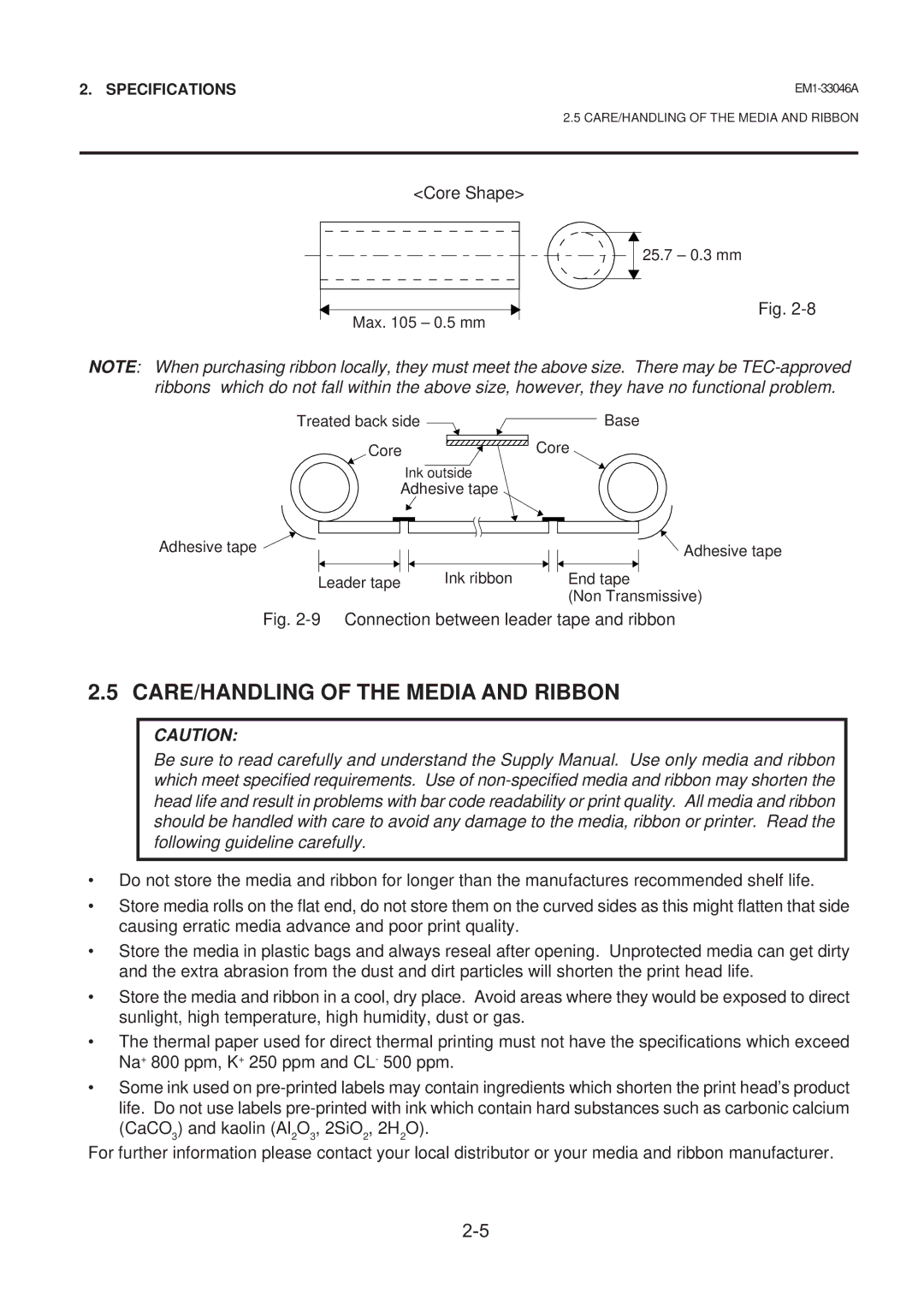 Toshiba B-442-QP, EM1-33046AE owner manual CARE/HANDLING of the Media and Ribbon, Core Shape 