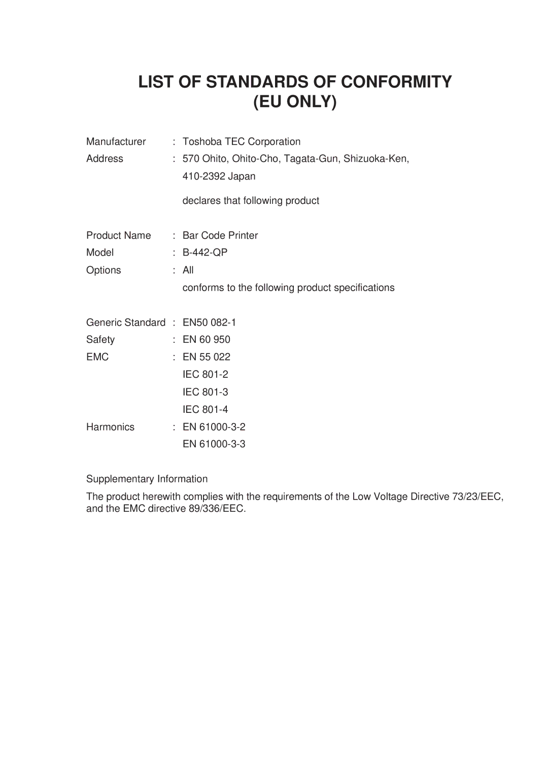 Toshiba EM1-33046AE, B-442-QP owner manual List of Standards of Conformity EU only, Emc 