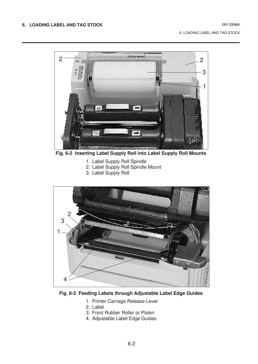 Toshiba B-442-QP, EM1-33046AE owner manual Inserting Label Supply Roll into Label Supply Roll Mounts 