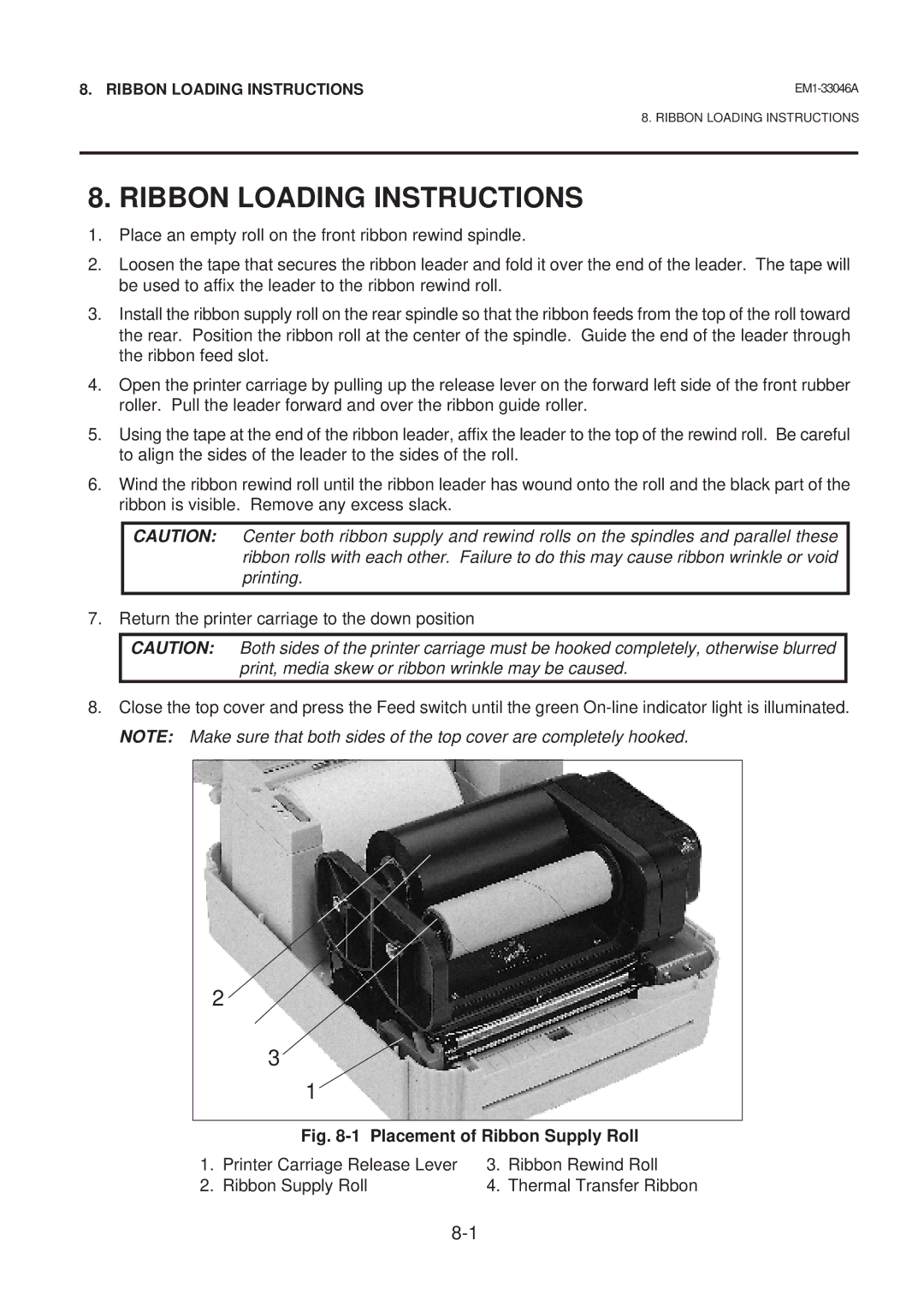 Toshiba EM1-33046AE, B-442-QP owner manual Ribbon Loading Instructions, Placement of Ribbon Supply Roll 