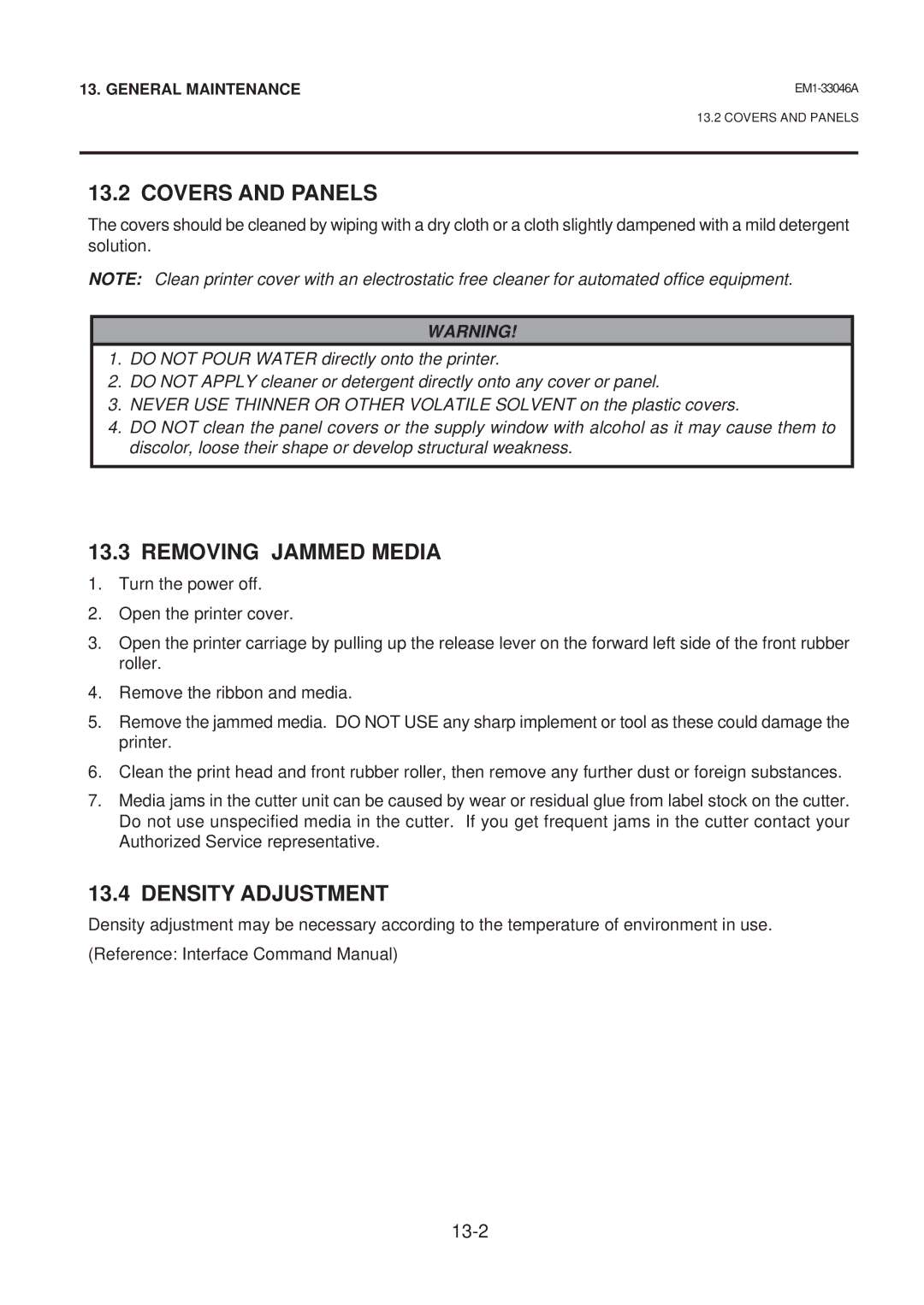 Toshiba EM1-33046AE, B-442-QP owner manual Covers and Panels, Removing Jammed Media, Density Adjustment 