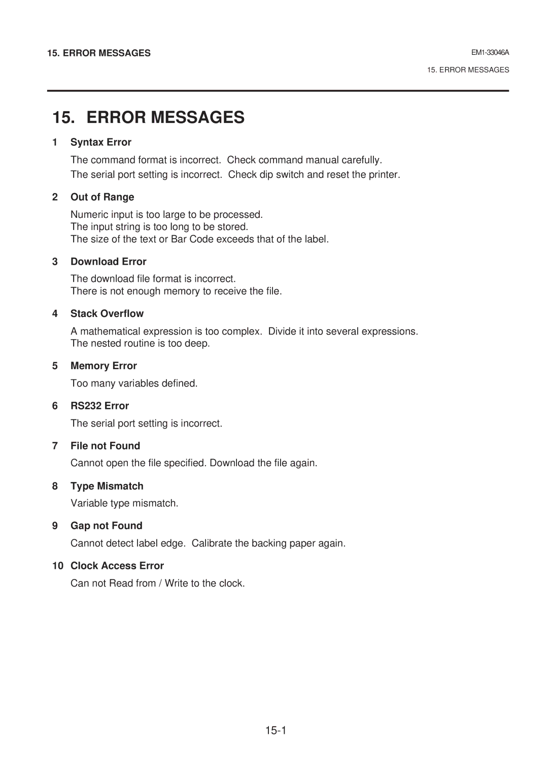 Toshiba EM1-33046AE, B-442-QP owner manual Error Messages 