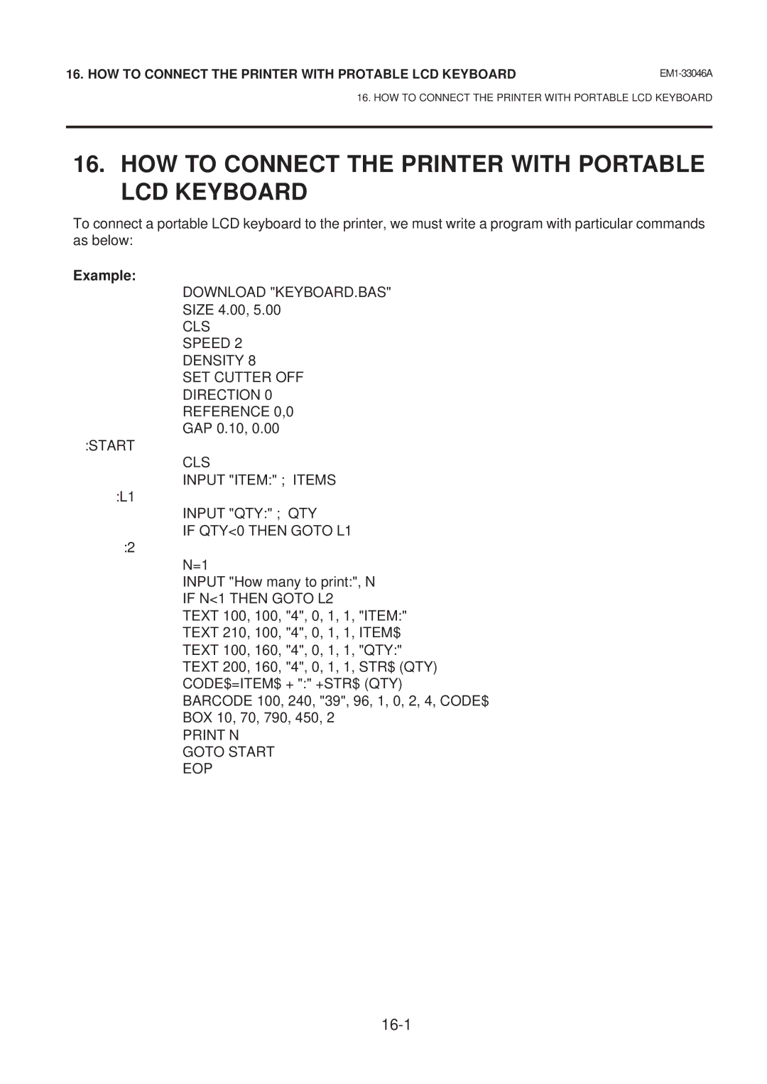Toshiba B-442-QP, EM1-33046AE owner manual HOW to Connect the Printer with Portable LCD Keyboard, Example 