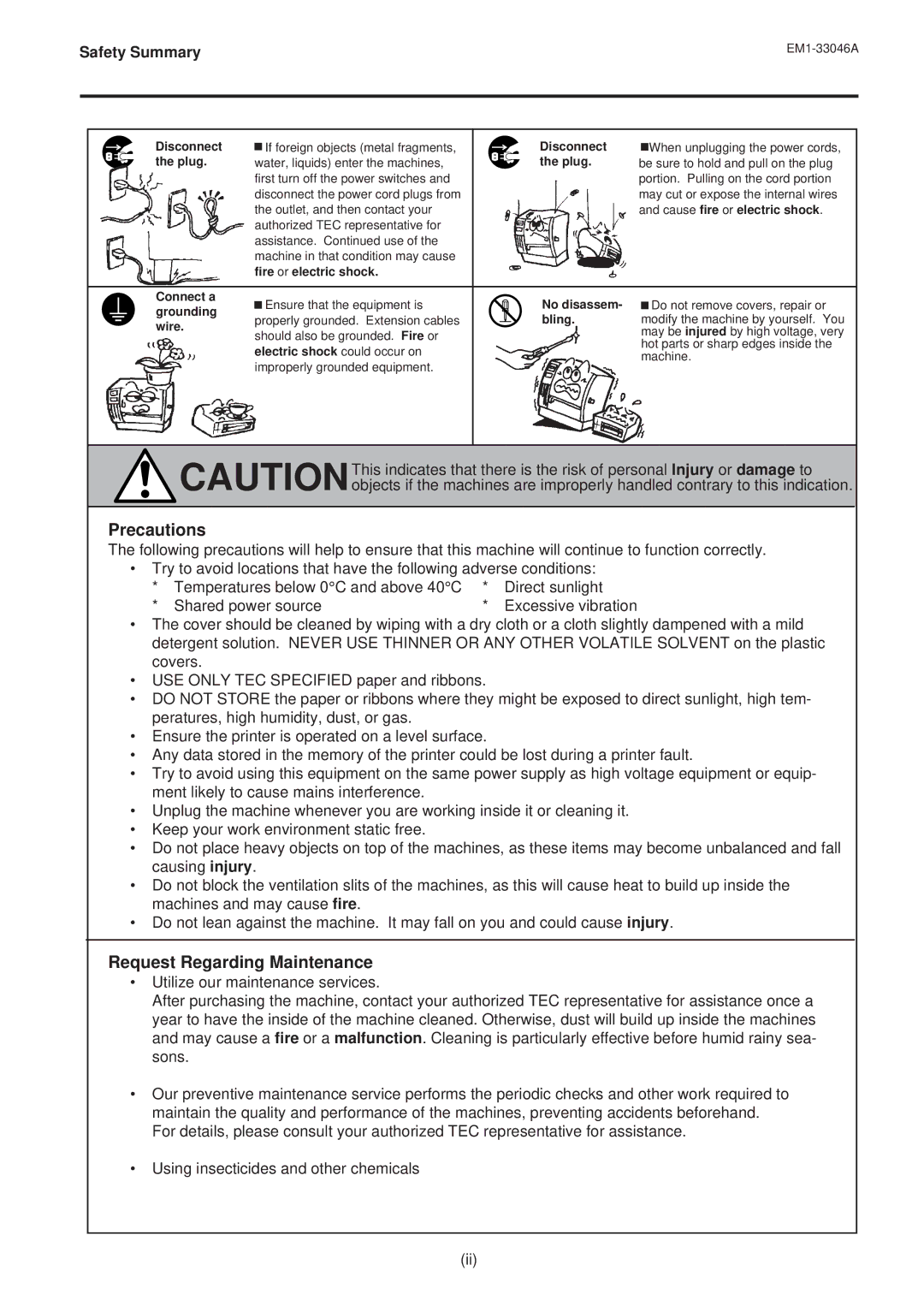 Toshiba EM1-33046AE, B-442-QP owner manual Precautions, Request Regarding Maintenance 