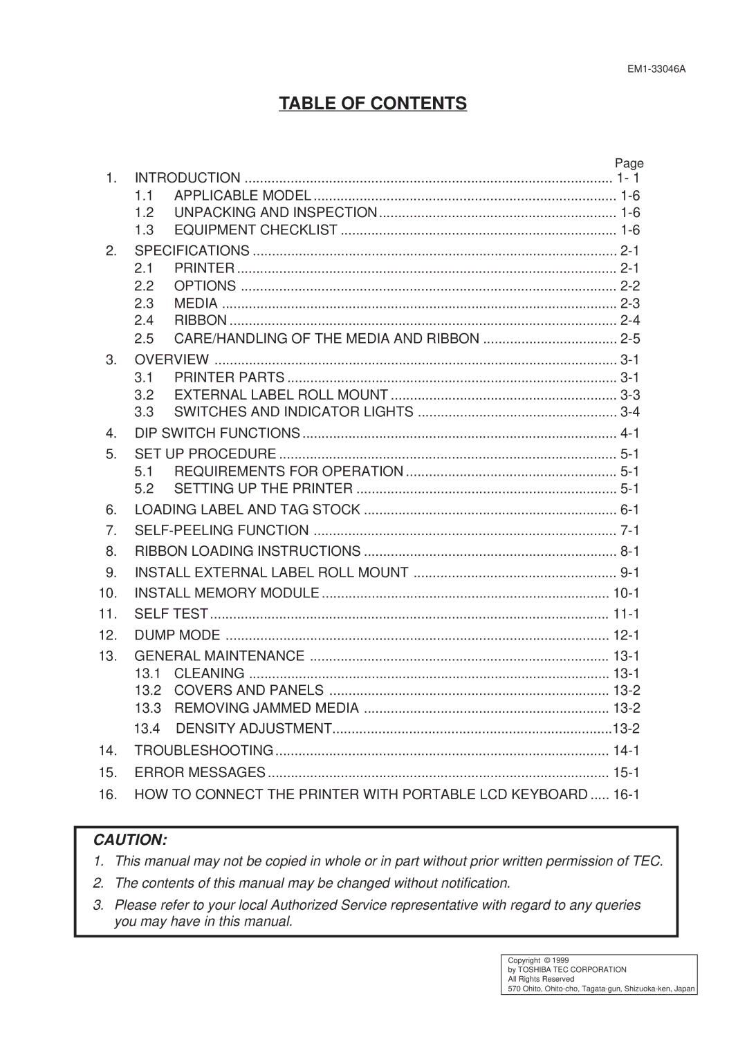 Toshiba B-442-QP, EM1-33046AE owner manual Table of Contents 