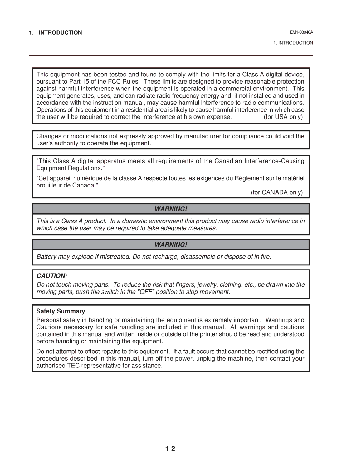 Toshiba EM1-33046AE, B-442-QP owner manual Safety Summary 