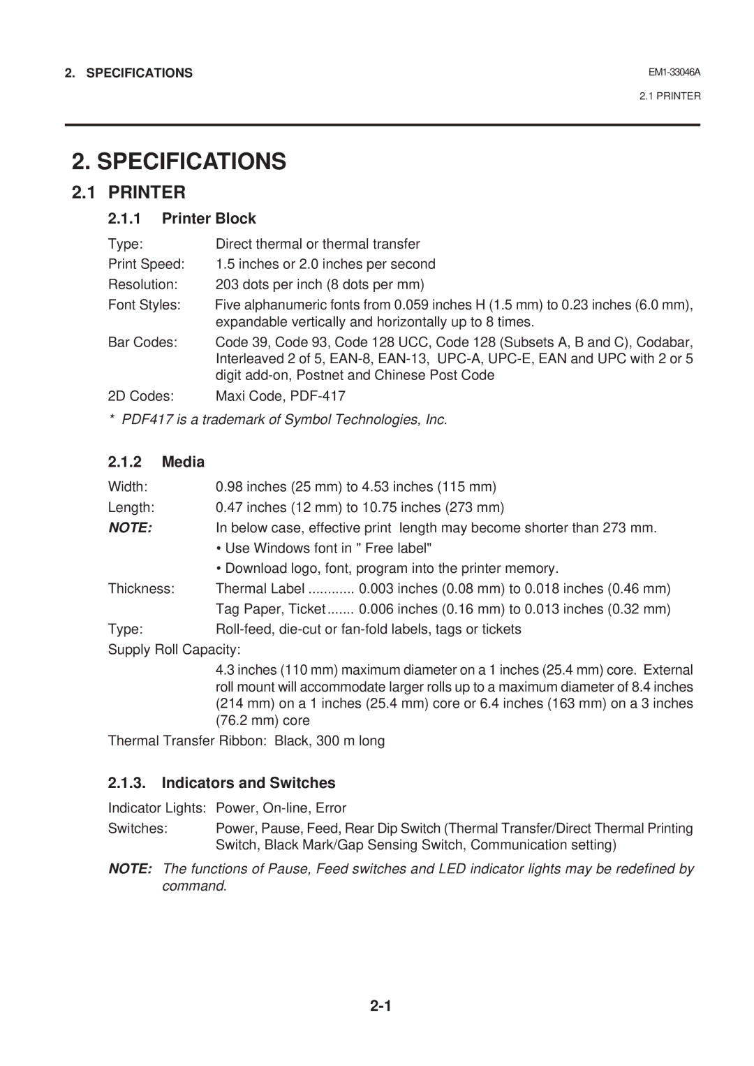 Toshiba B-442-QP, EM1-33046AE owner manual Specifications, Printer 