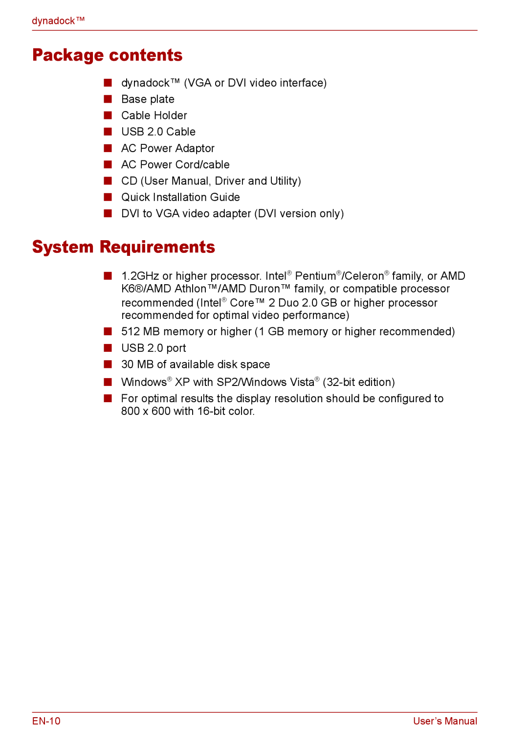 Toshiba EN-2 user manual Package contents, System Requirements 