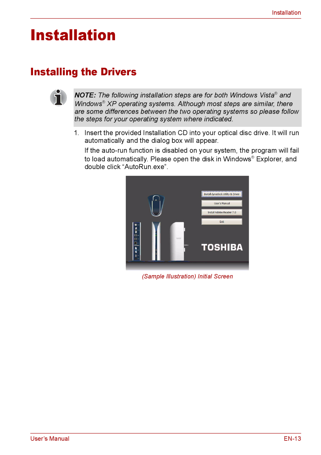 Toshiba EN-2 user manual Installation, Installing the Drivers 