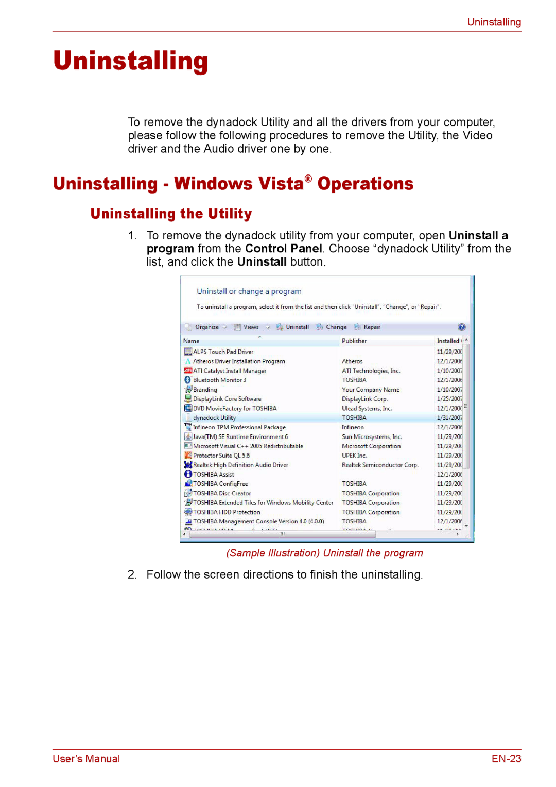 Toshiba EN-2 user manual Uninstalling Windows Vista Operations, Uninstalling the Utility 