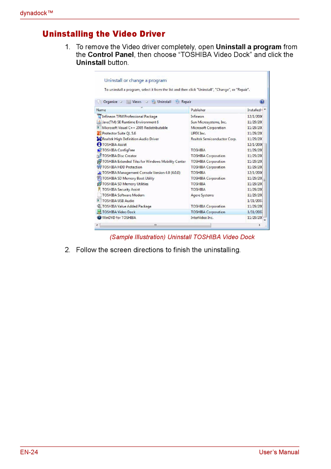 Toshiba EN-2 user manual Uninstalling the Video Driver 