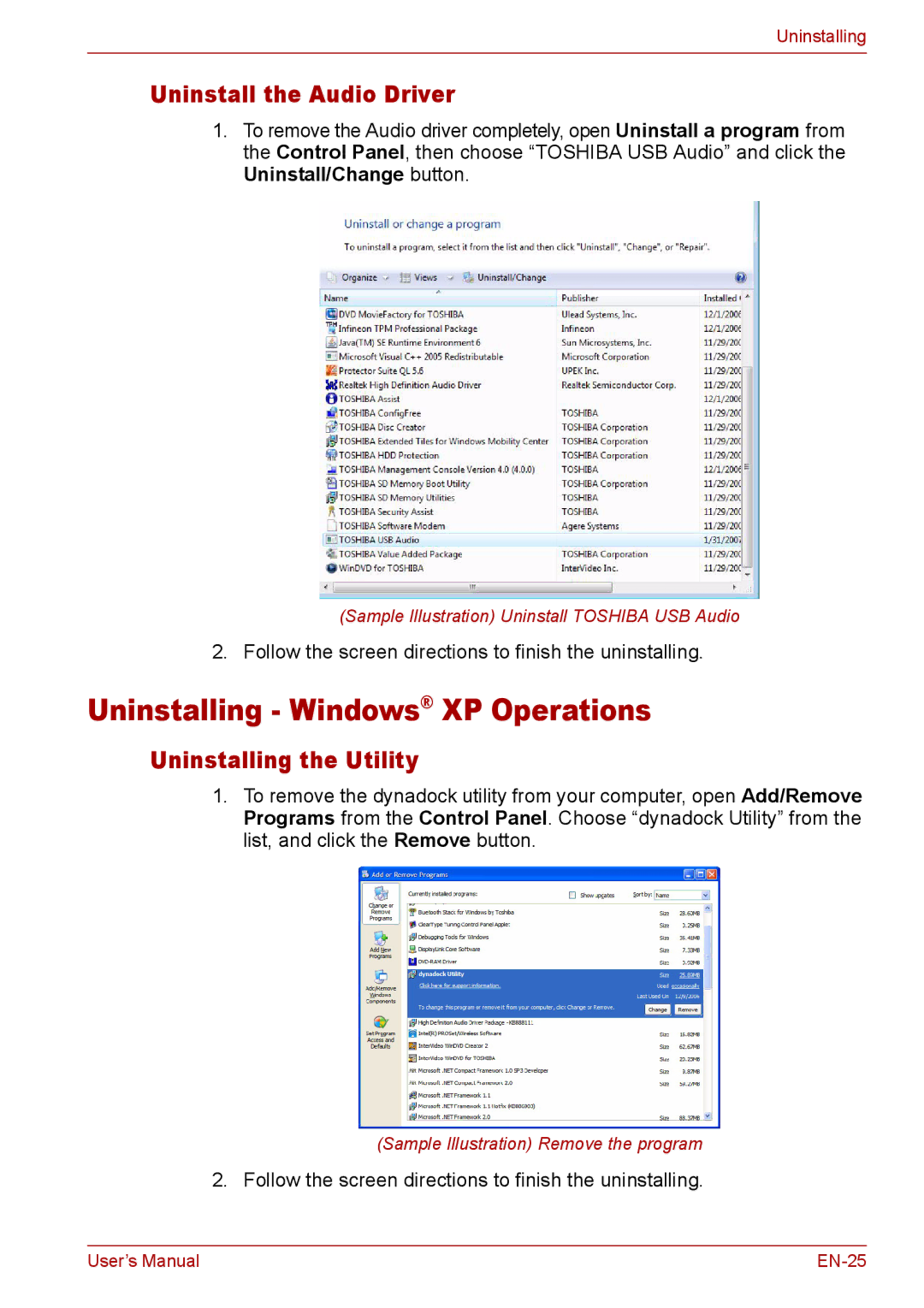 Toshiba EN-2 user manual Uninstalling Windows XP Operations, Uninstall the Audio Driver 