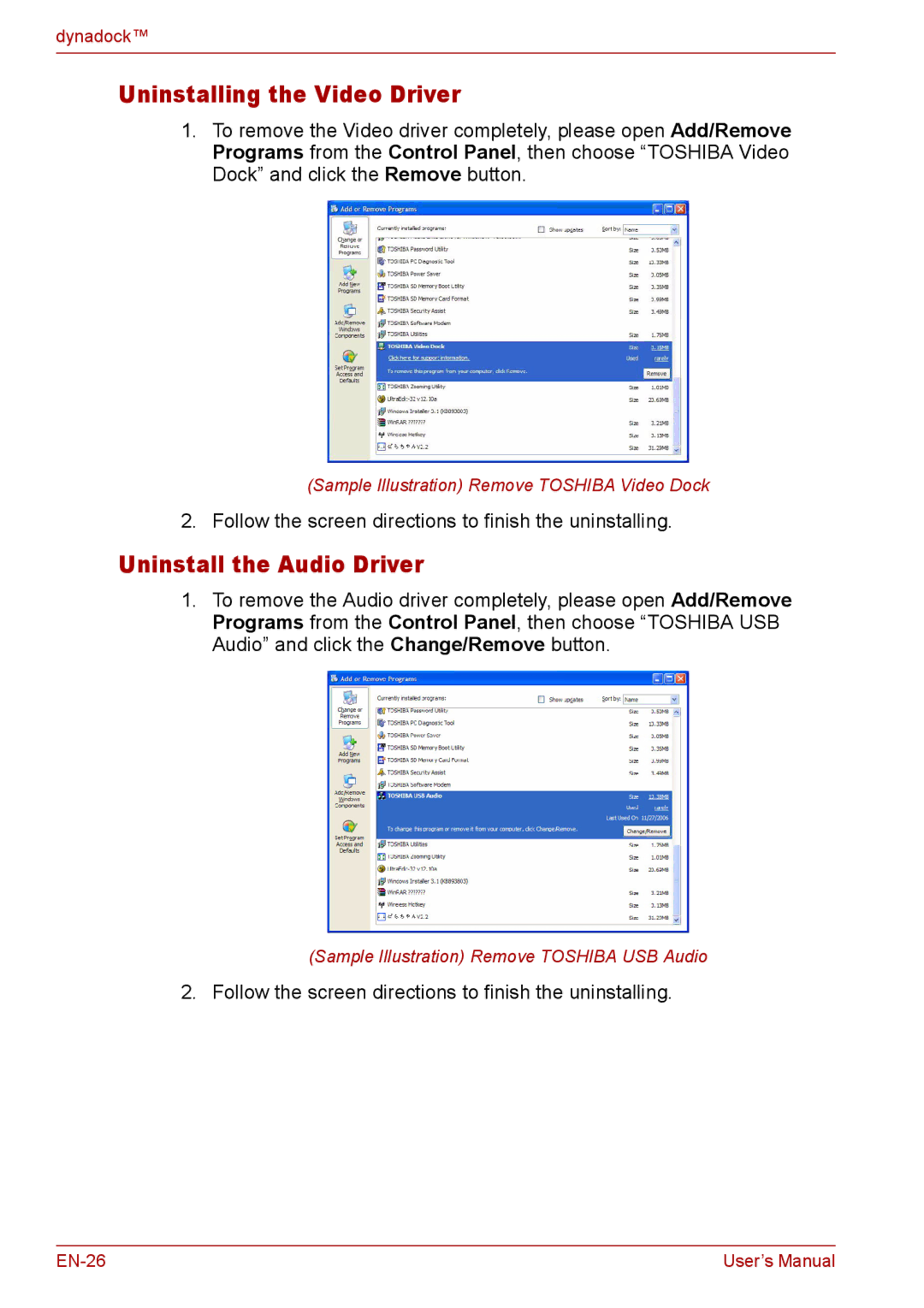 Toshiba EN-2 user manual Sample Illustration Remove Toshiba Video Dock 