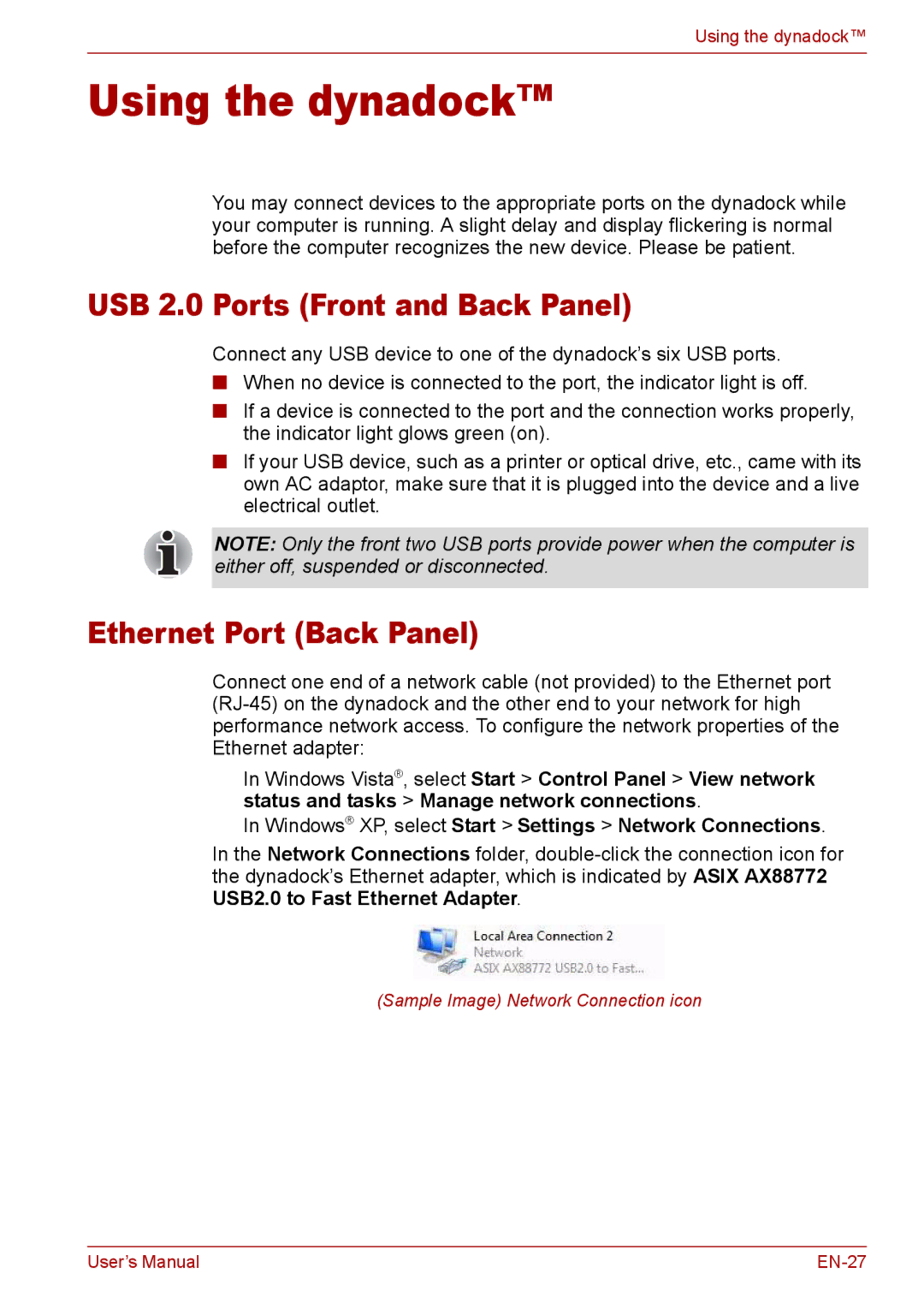 Toshiba EN-2 user manual Using the dynadock, USB 2.0 Ports Front and Back Panel, Ethernet Port Back Panel 