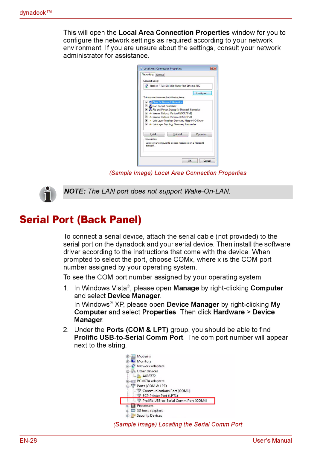 Toshiba EN-2 user manual Serial Port Back Panel 