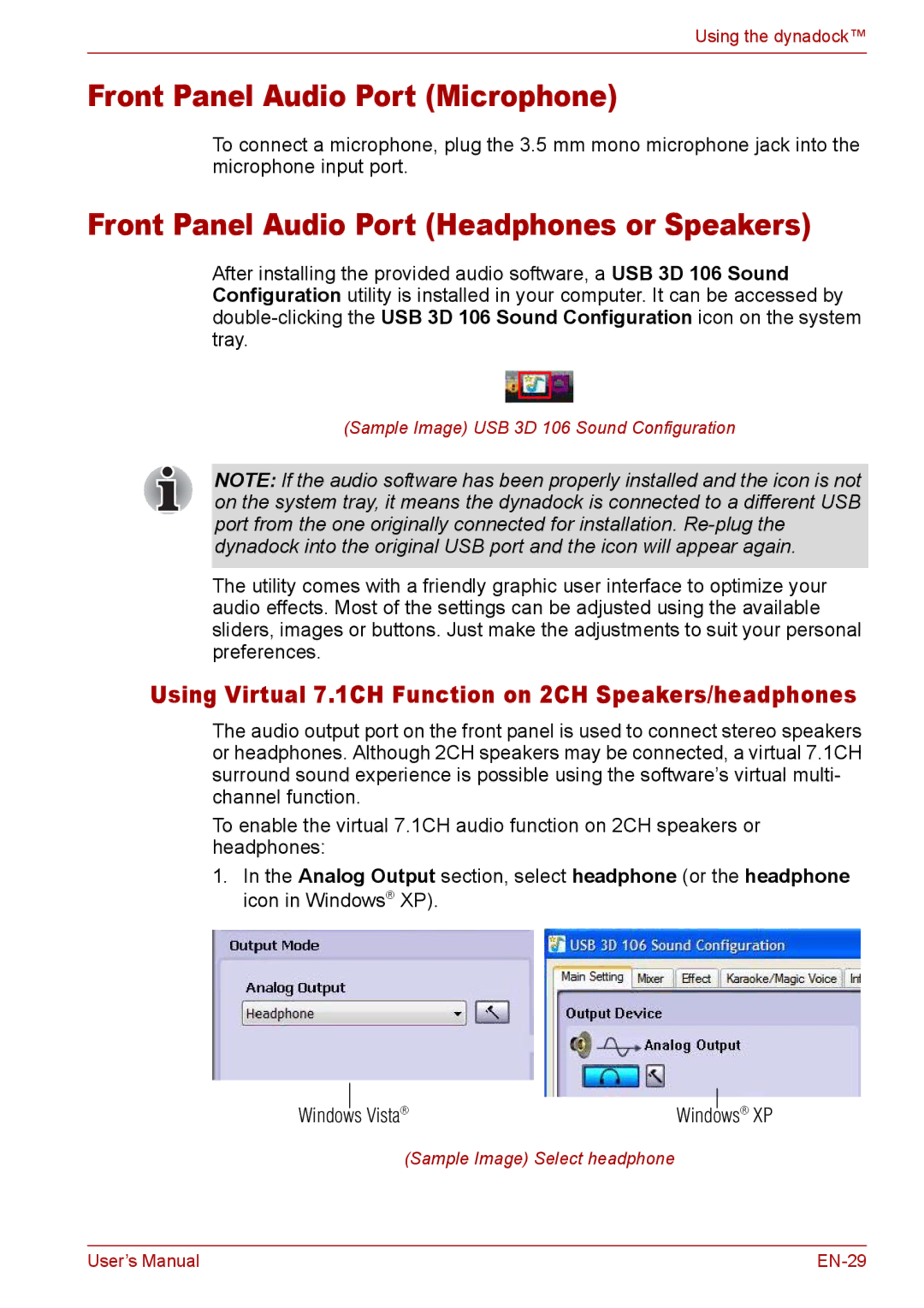 Toshiba EN-2 user manual Front Panel Audio Port Microphone, Front Panel Audio Port Headphones or Speakers 